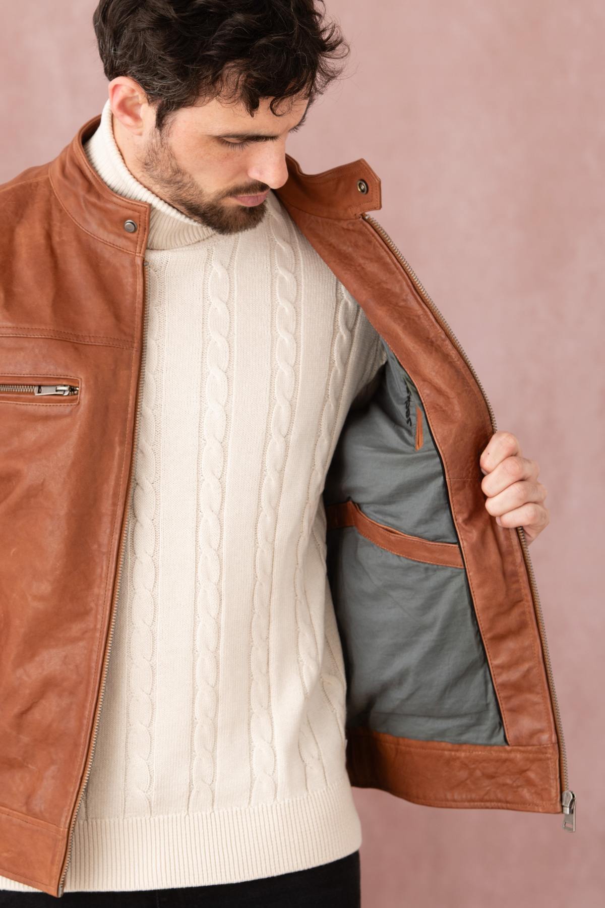 Vegetable-tanned leather jacket with biker collar - Image n°5