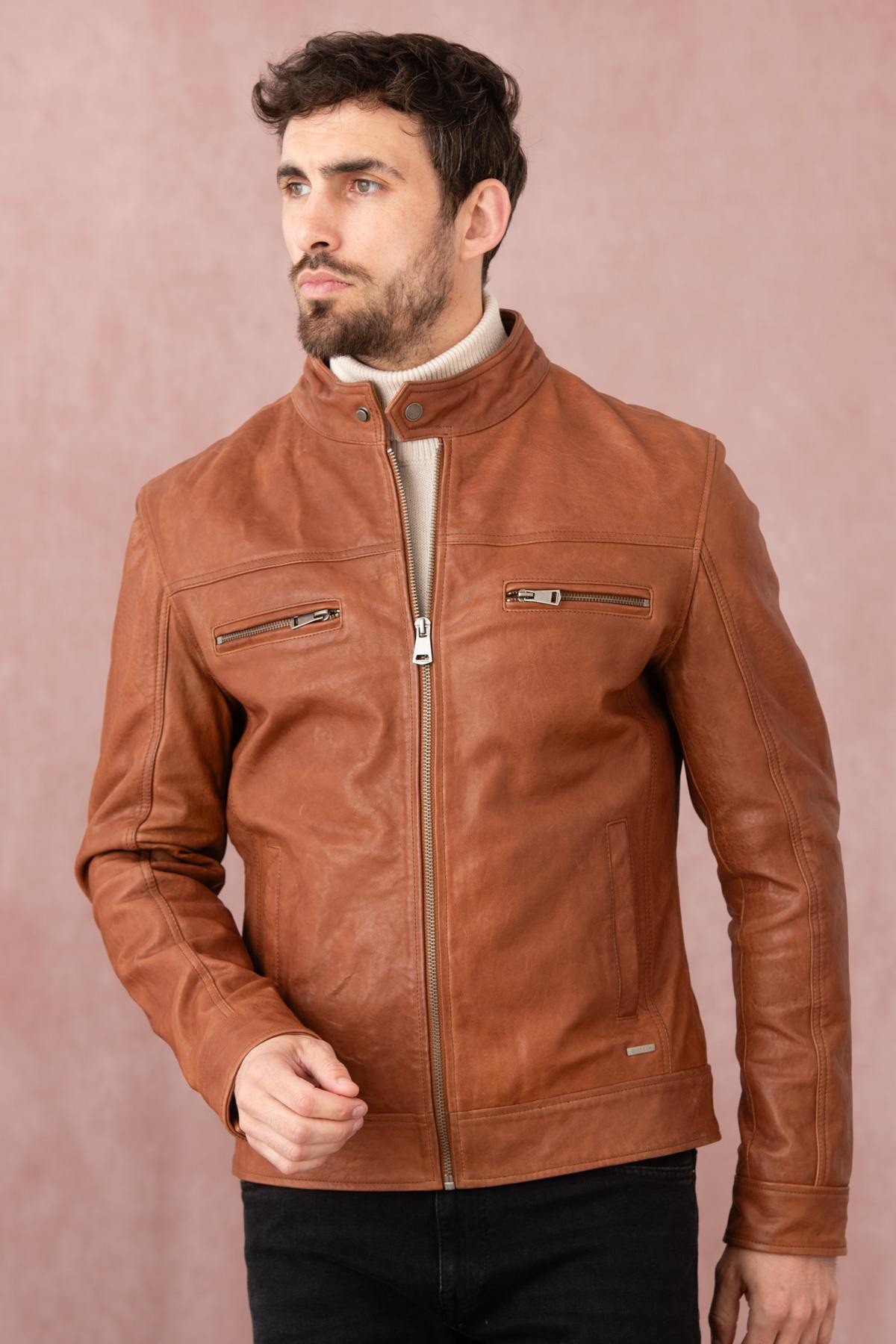 Vegetable-tanned leather jacket with biker collar - Image n°6