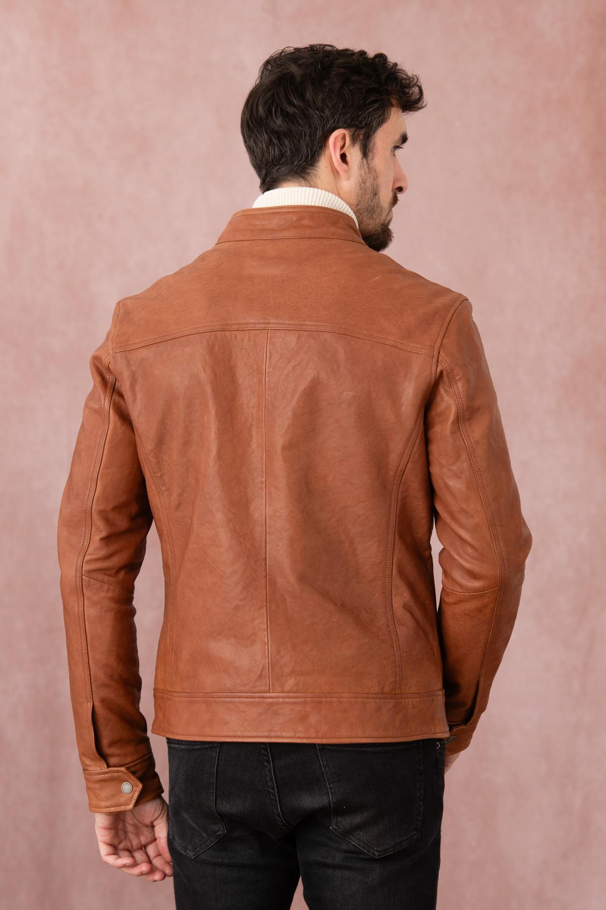 Vegetable-tanned leather jacket with biker collar - Image n°7