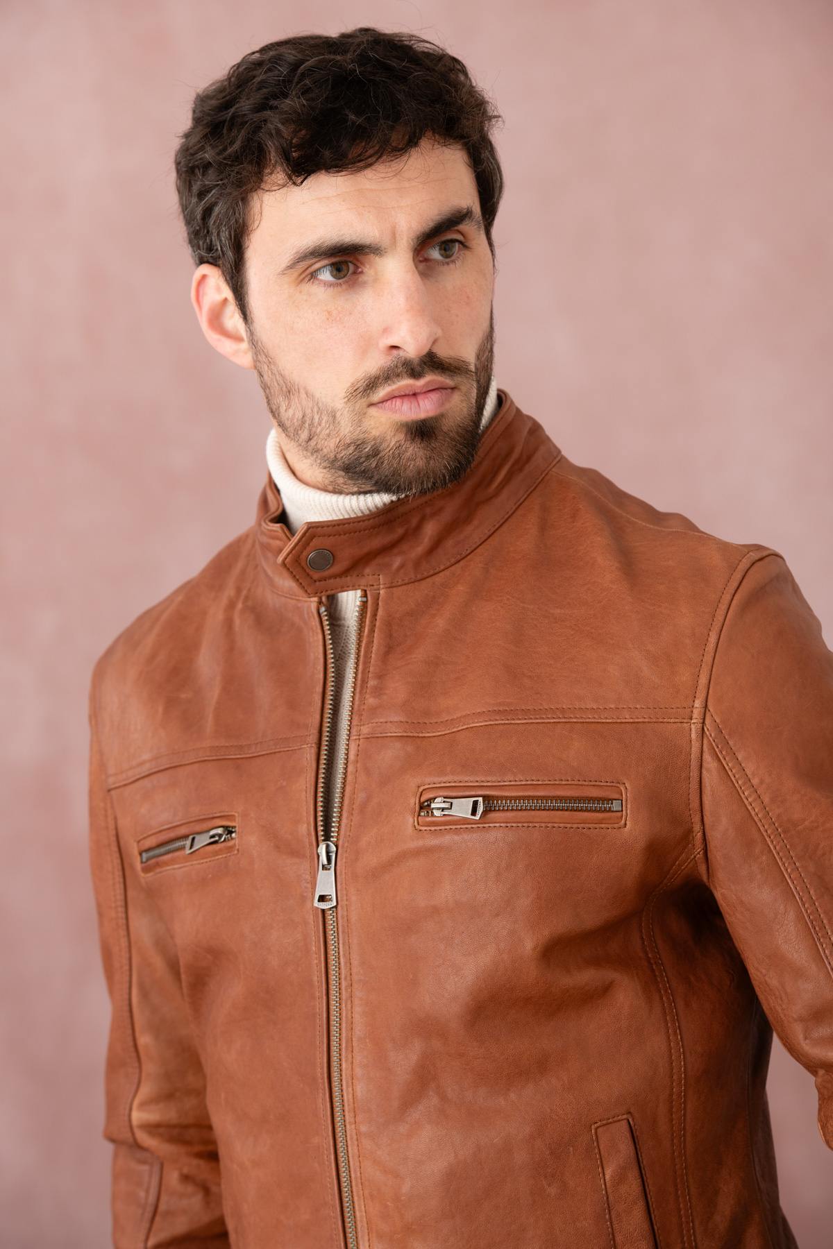 Vegetable-tanned leather jacket with biker collar - Image n°8