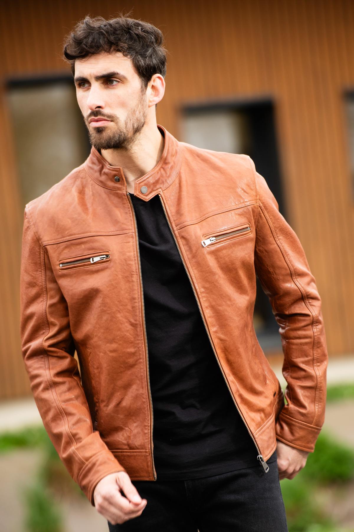 Vegetable-tanned leather jacket with biker collar - Image n°1