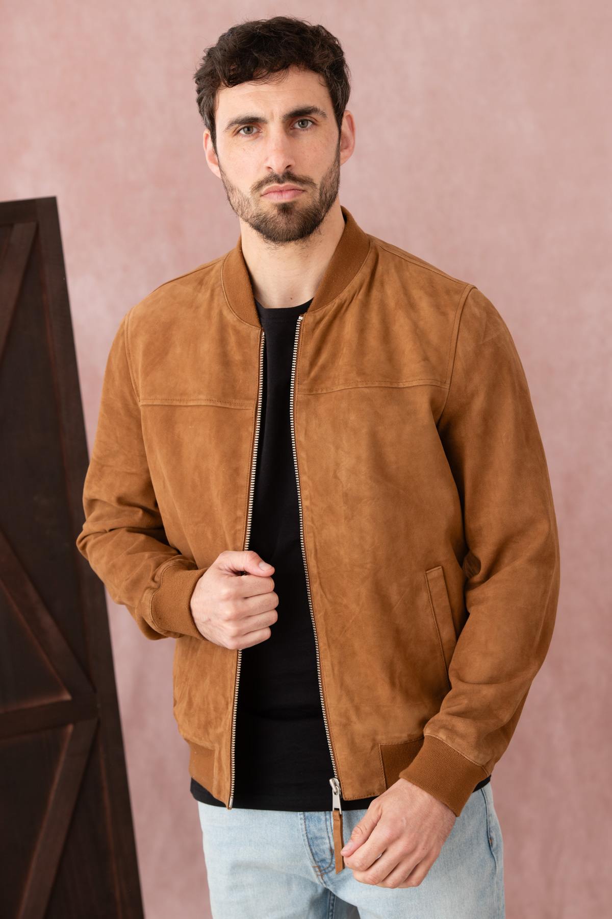 Cognac-colored suede leather teddy - Image n°1