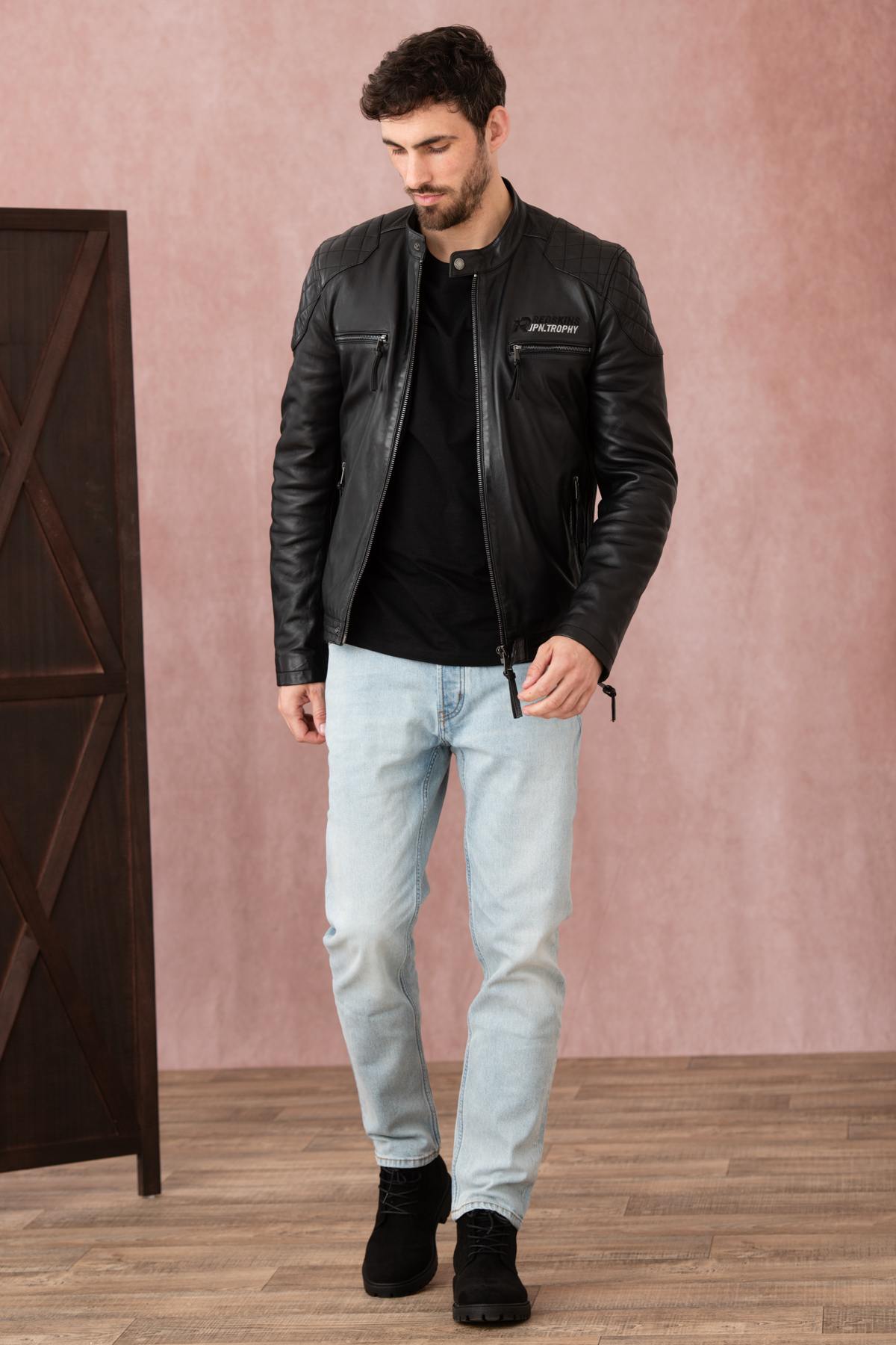 Black leather jacket with biker collar, racing style - Image n°3