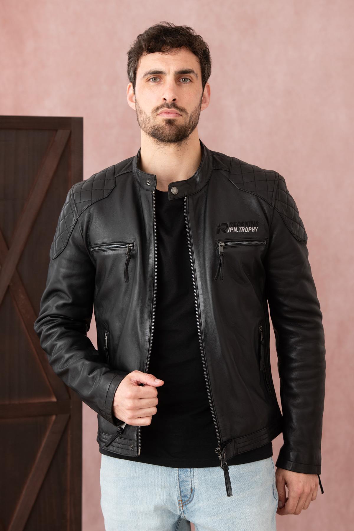 Black leather jacket with biker collar, racing style - Image n°1