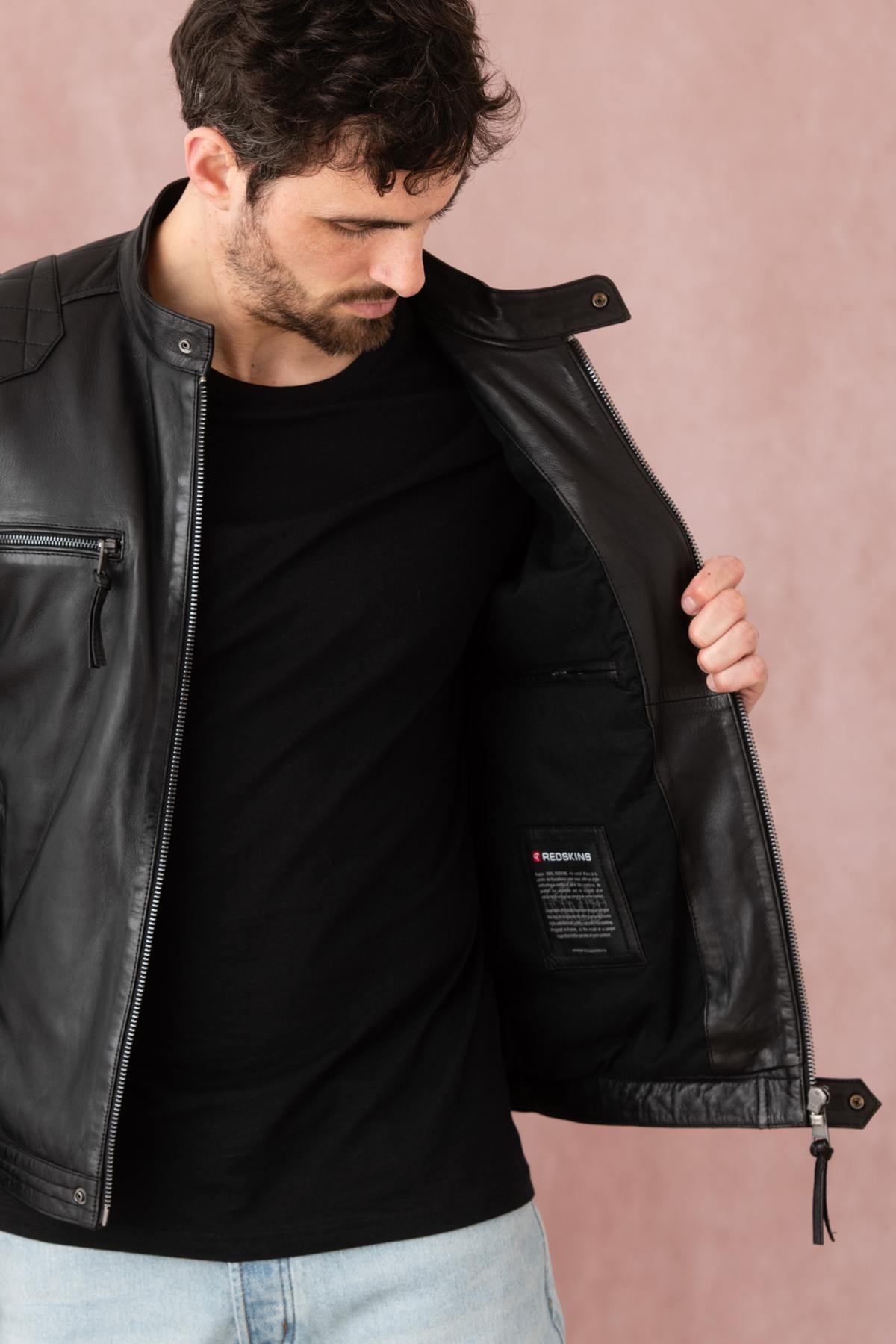 Black leather jacket with biker collar, racing style - Image n°6