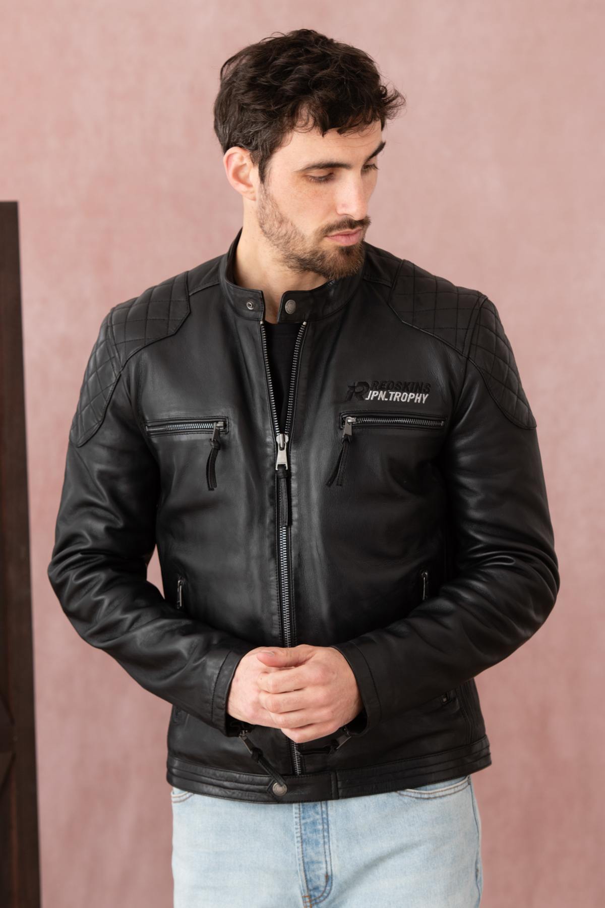 Black leather jacket with biker collar, racing style - Image n°4