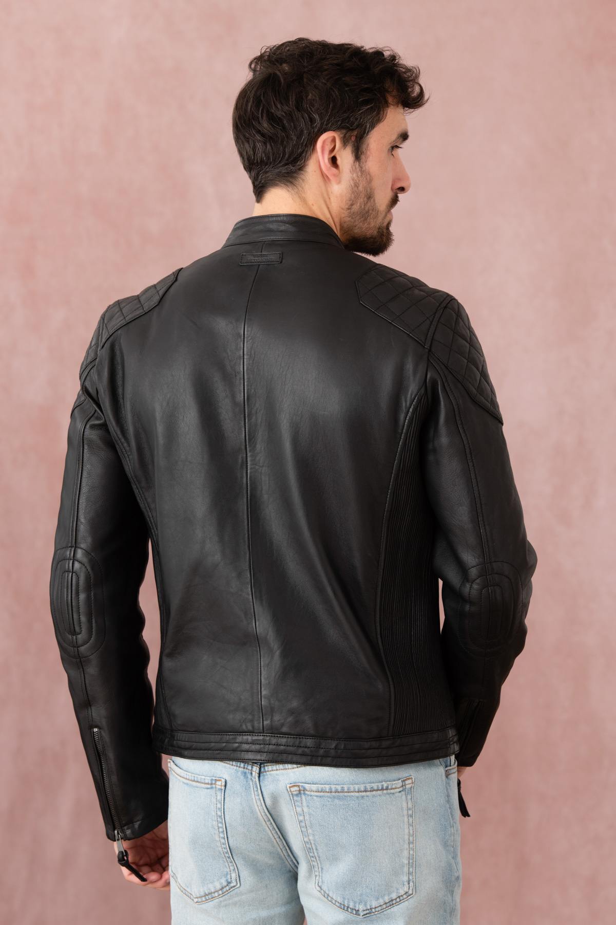 Black leather jacket with biker collar, racing style - Image n°5