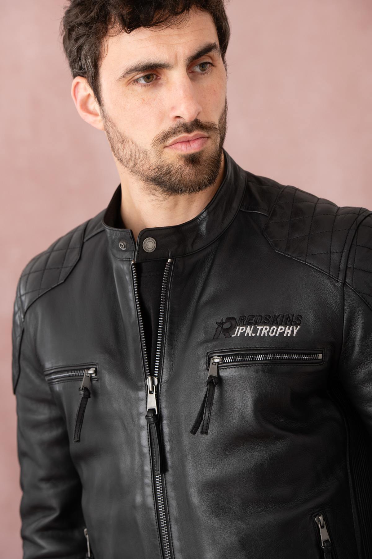 Black leather jacket with biker collar, racing style - Image n°2