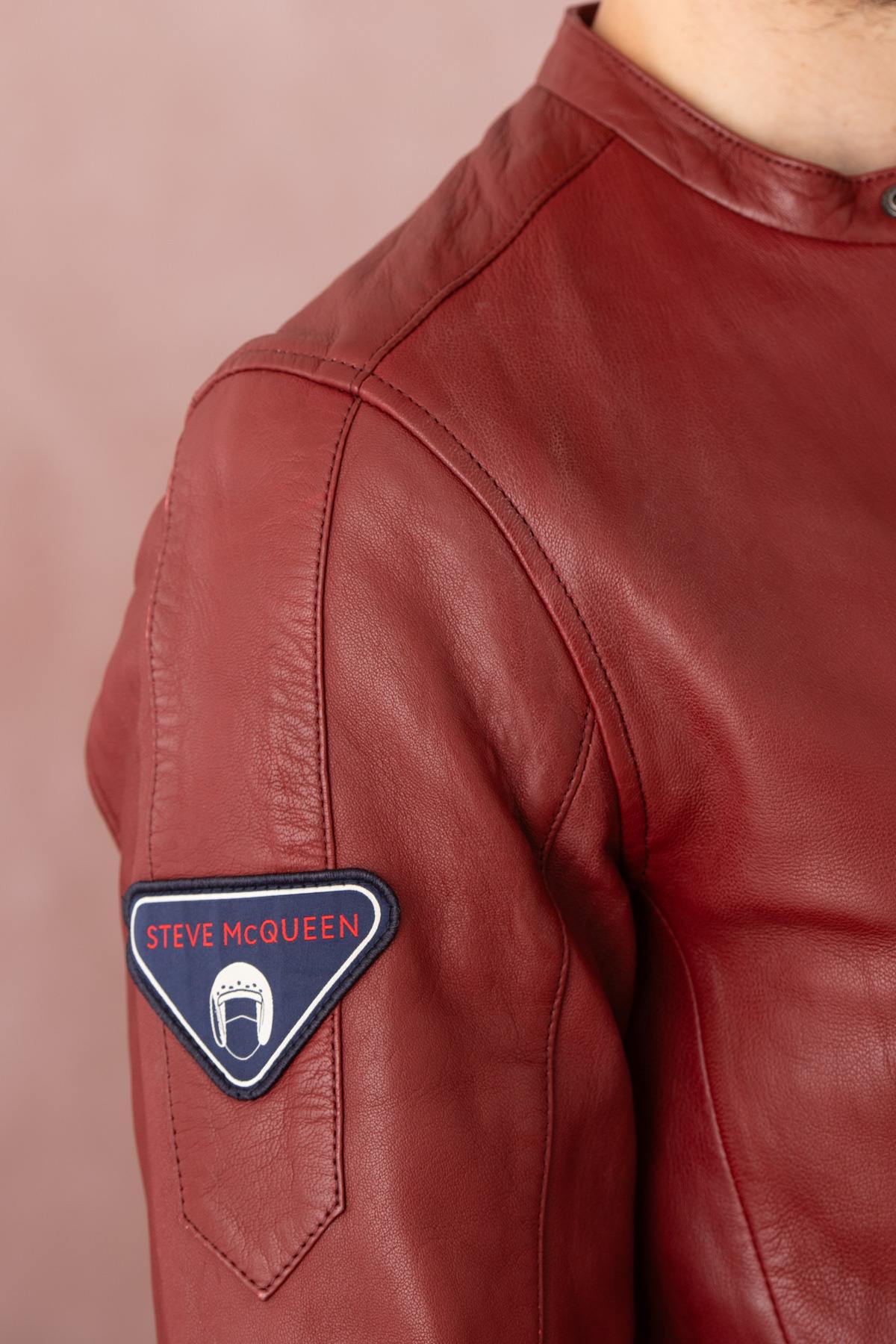 Dark red racing style leather jacket for Men - Image n°6