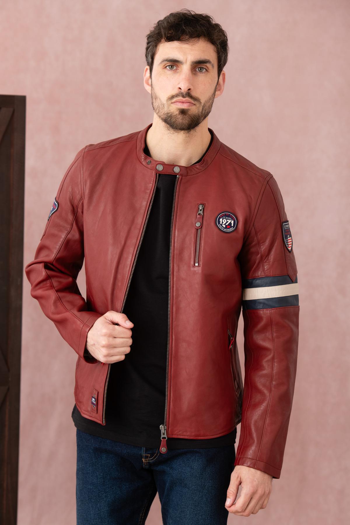 Dark red racing style leather jacket for Men - Image n°4