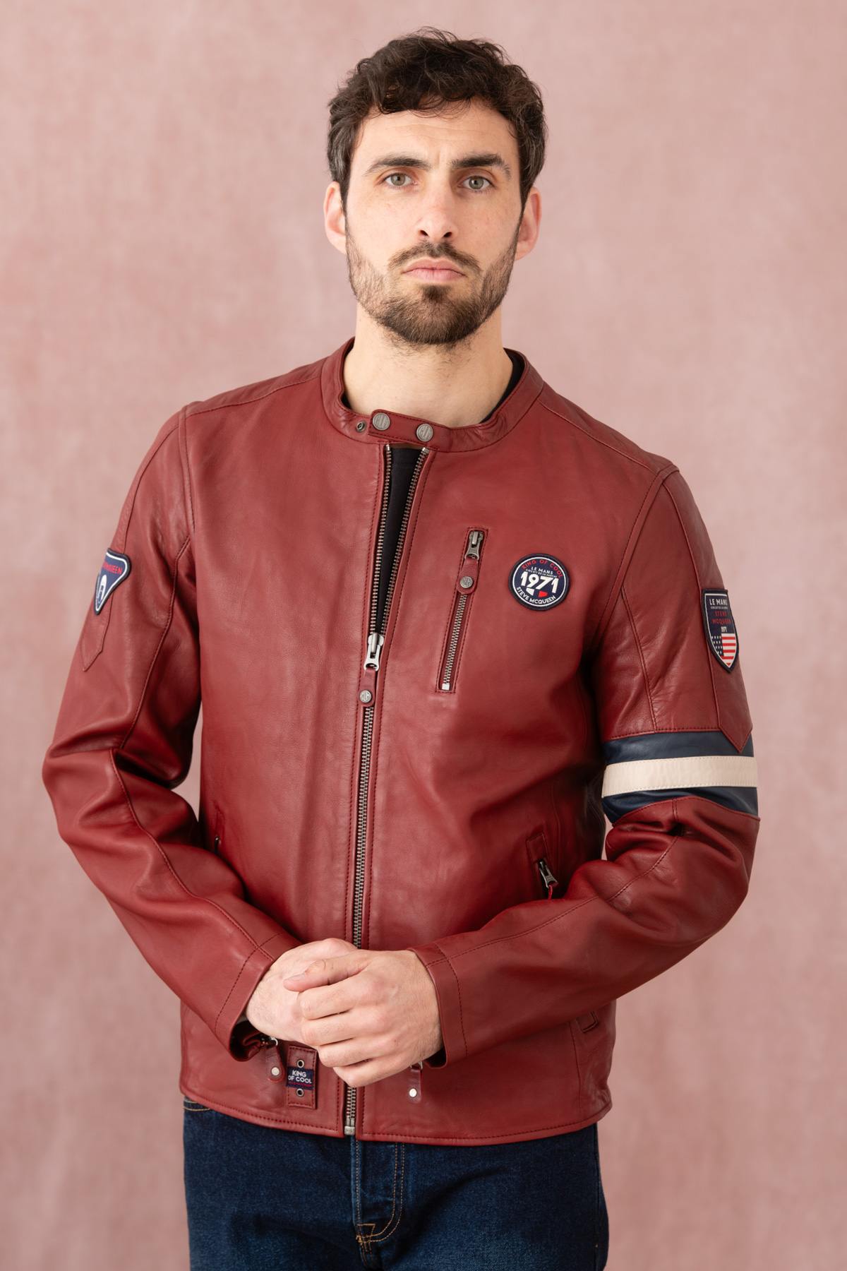 Dark red racing style leather jacket for Men - Image n°1