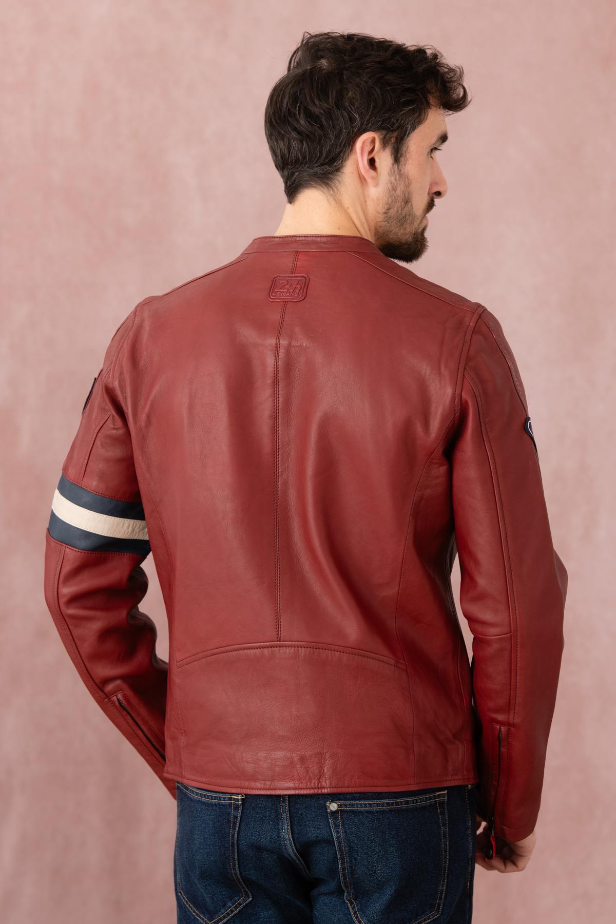 Dark red racing style leather jacket for Men - Image n°5