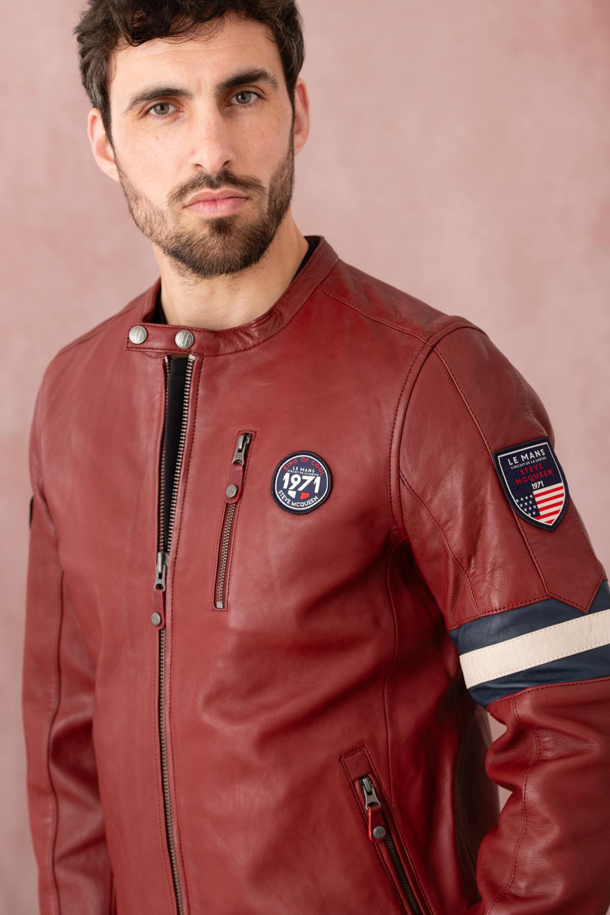 Dark red racing style leather jacket for Men - Image n°7