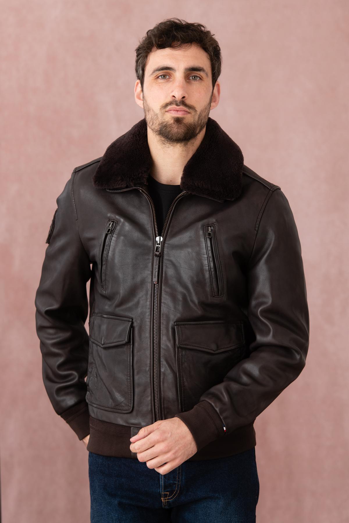 Brown leather bomber jacket with fur collar - Image n°1