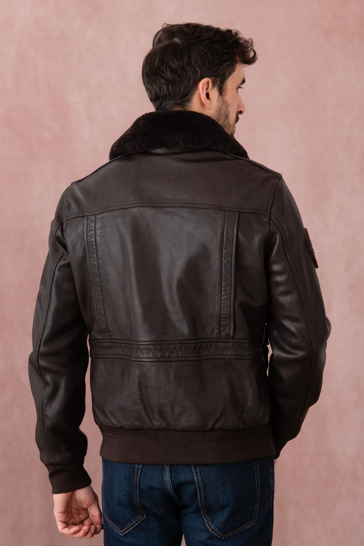 Brown leather bomber jacket with fur collar - Image n°5