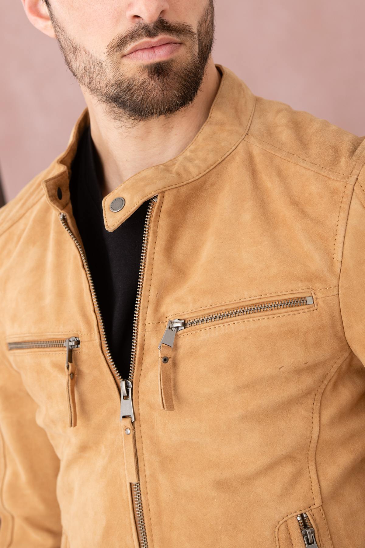 Sand-colored suede leather jacket with biker collar - Image n°1