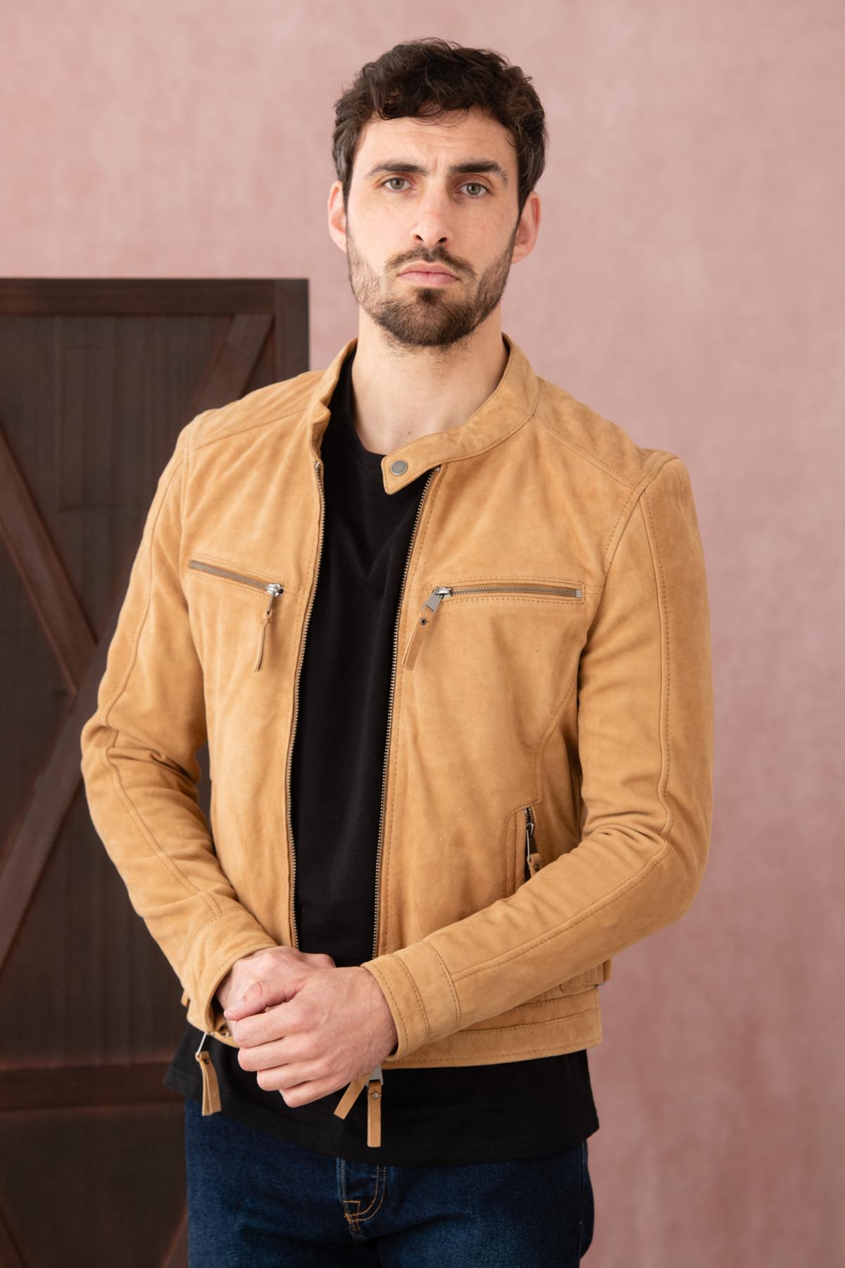 Sand-colored suede leather jacket with biker collar - Image n°3