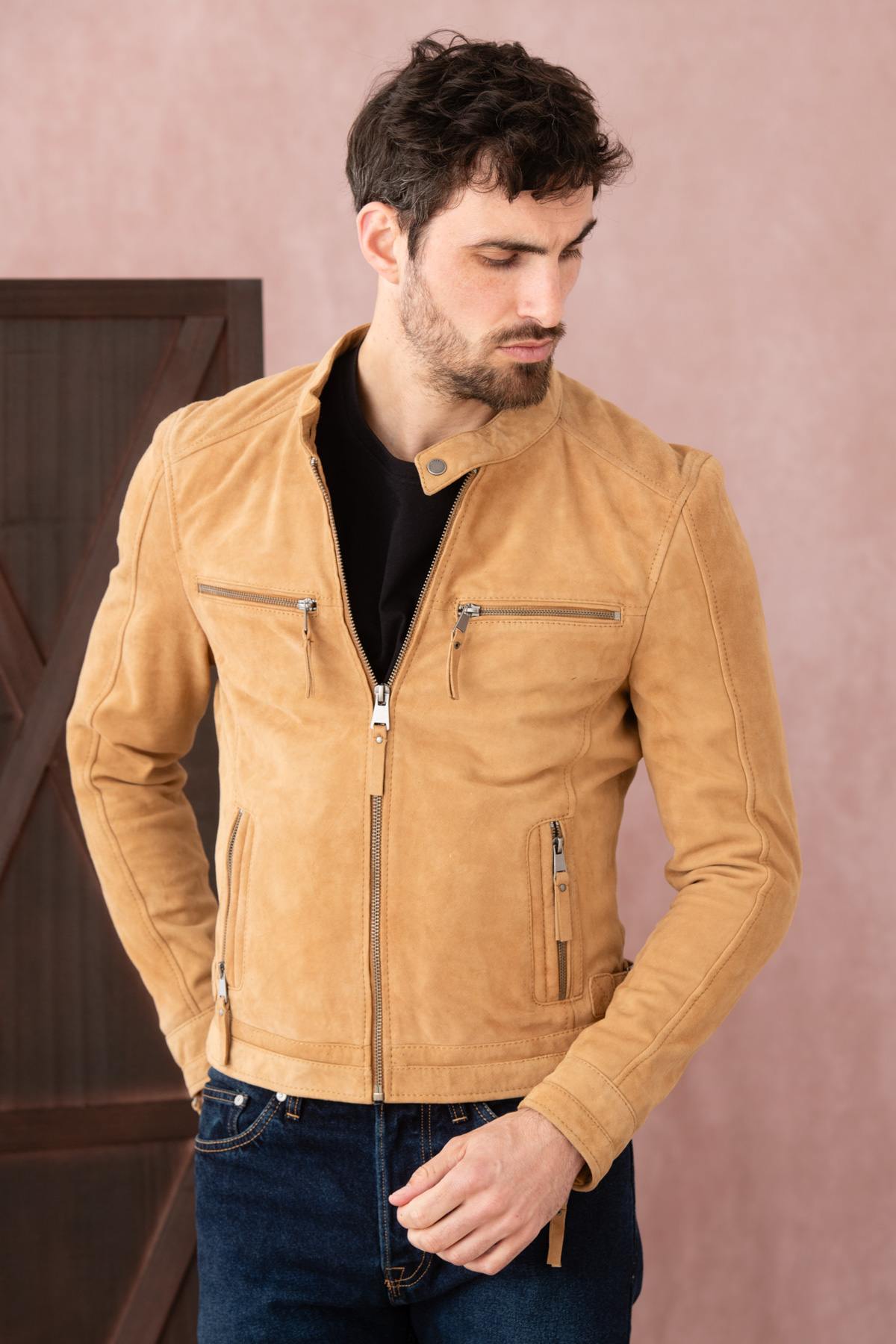 Sand-colored suede leather jacket with biker collar - Image n°5