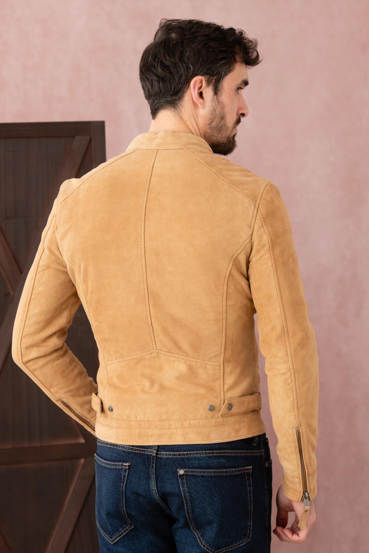 Sand-colored suede leather jacket with biker collar - Image n°6