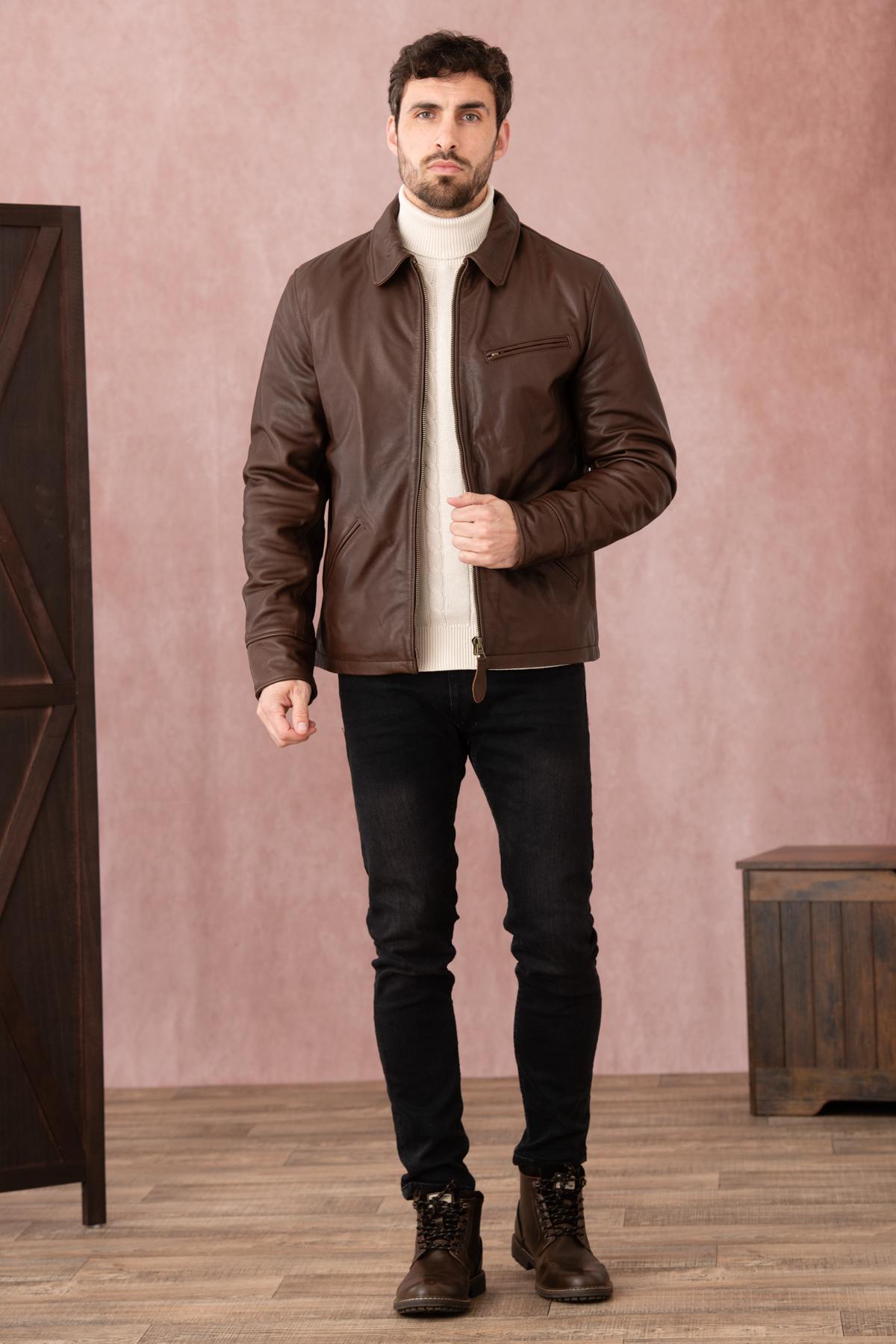 Dark brown casual thick leather jacket - Image n°2