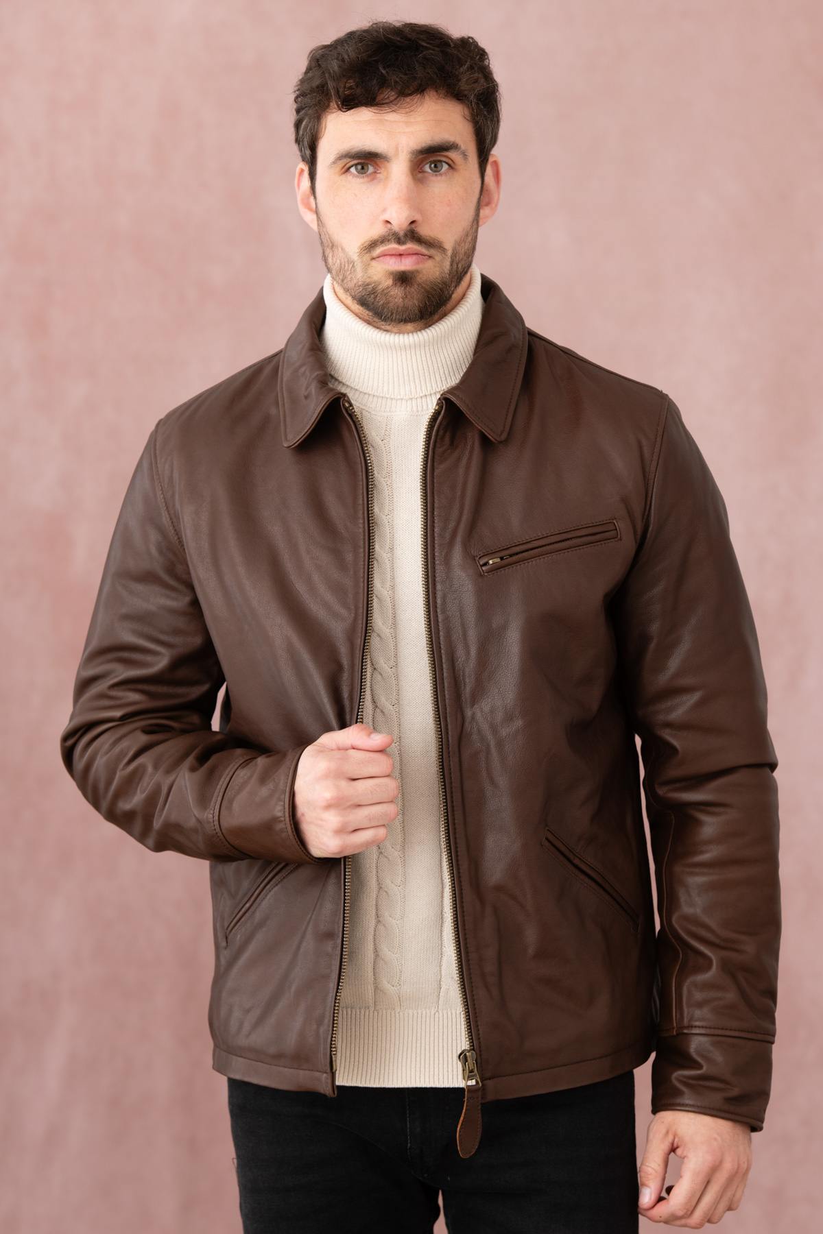 Dark brown casual thick leather jacket - Image n°1