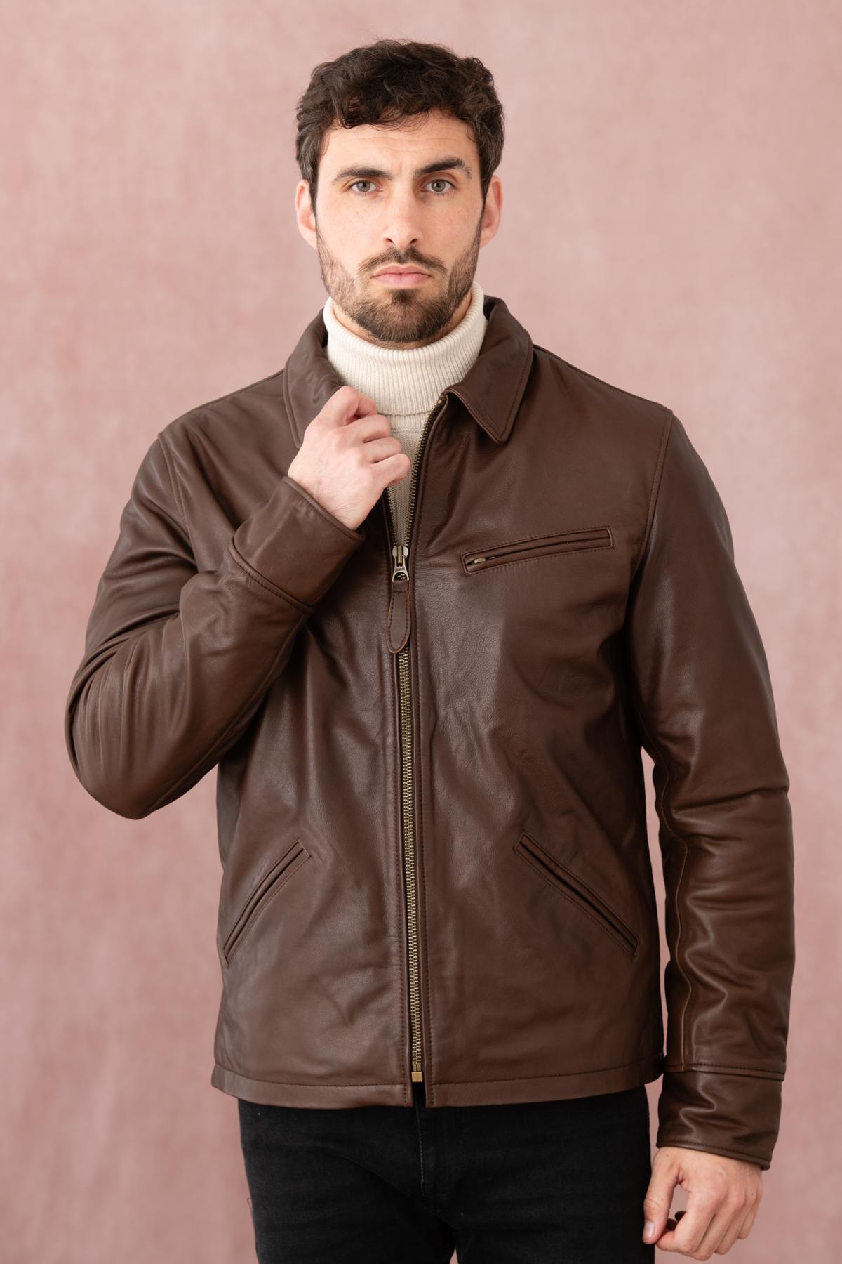 Dark brown casual thick leather jacket - Image n°4