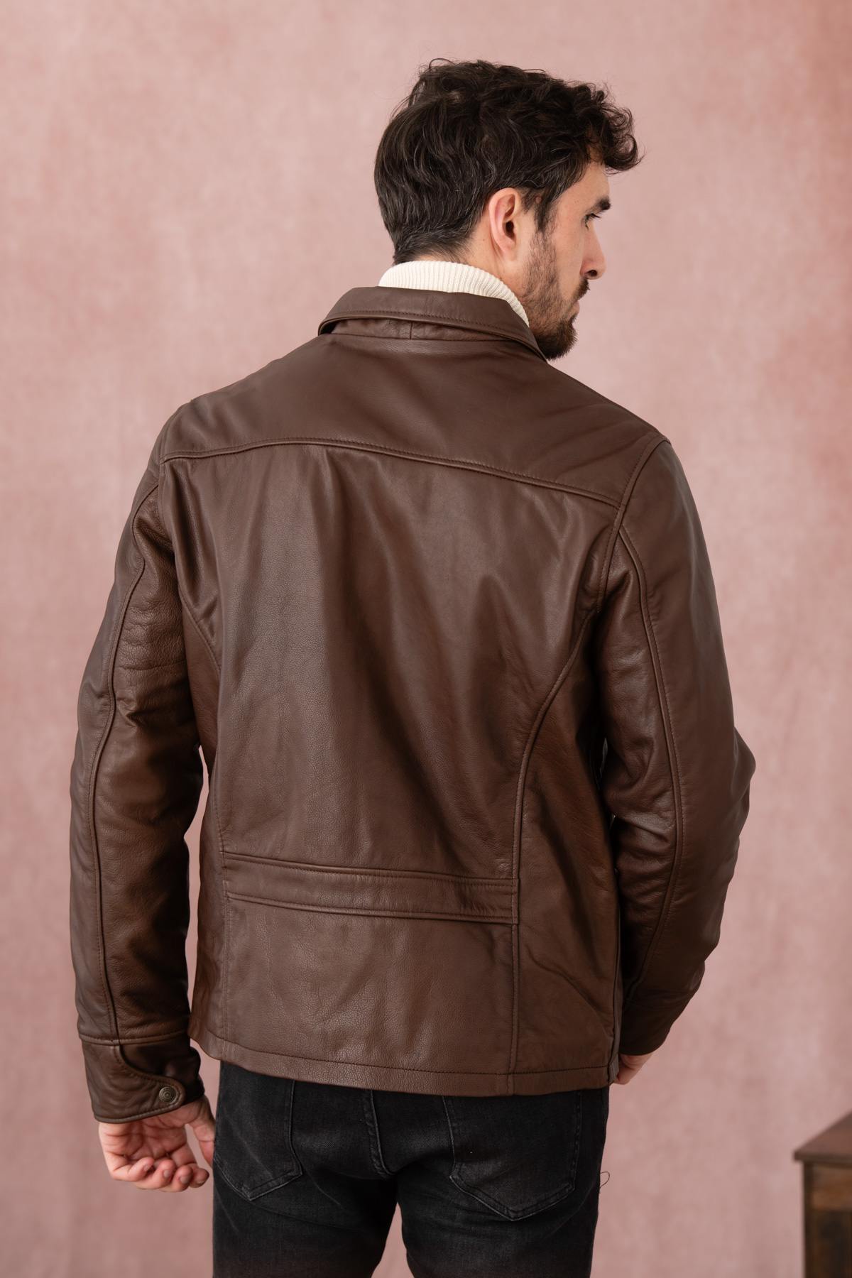 Dark brown casual thick leather jacket - Image n°5