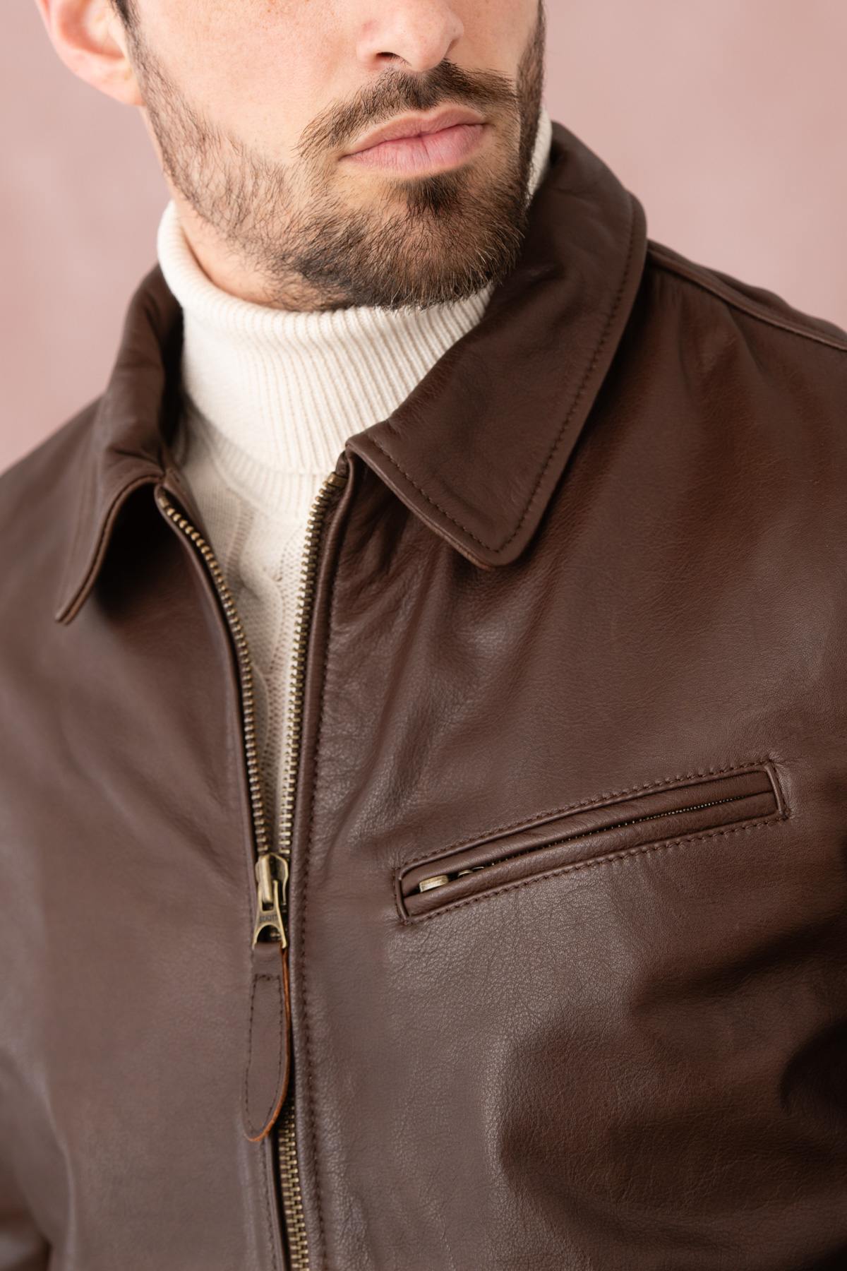 Dark brown casual thick leather jacket - Image n°3