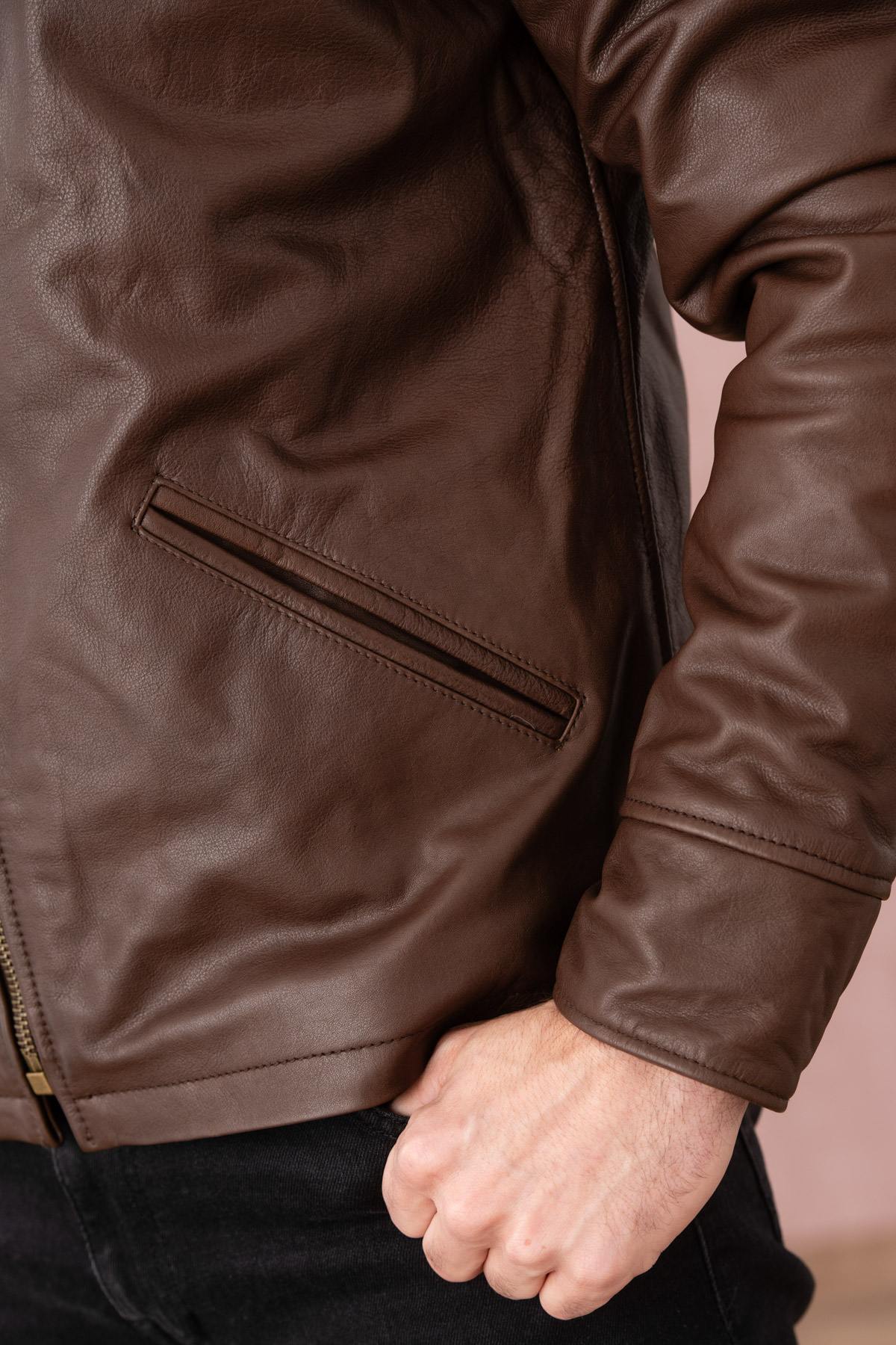 Dark brown casual thick leather jacket - Image n°6