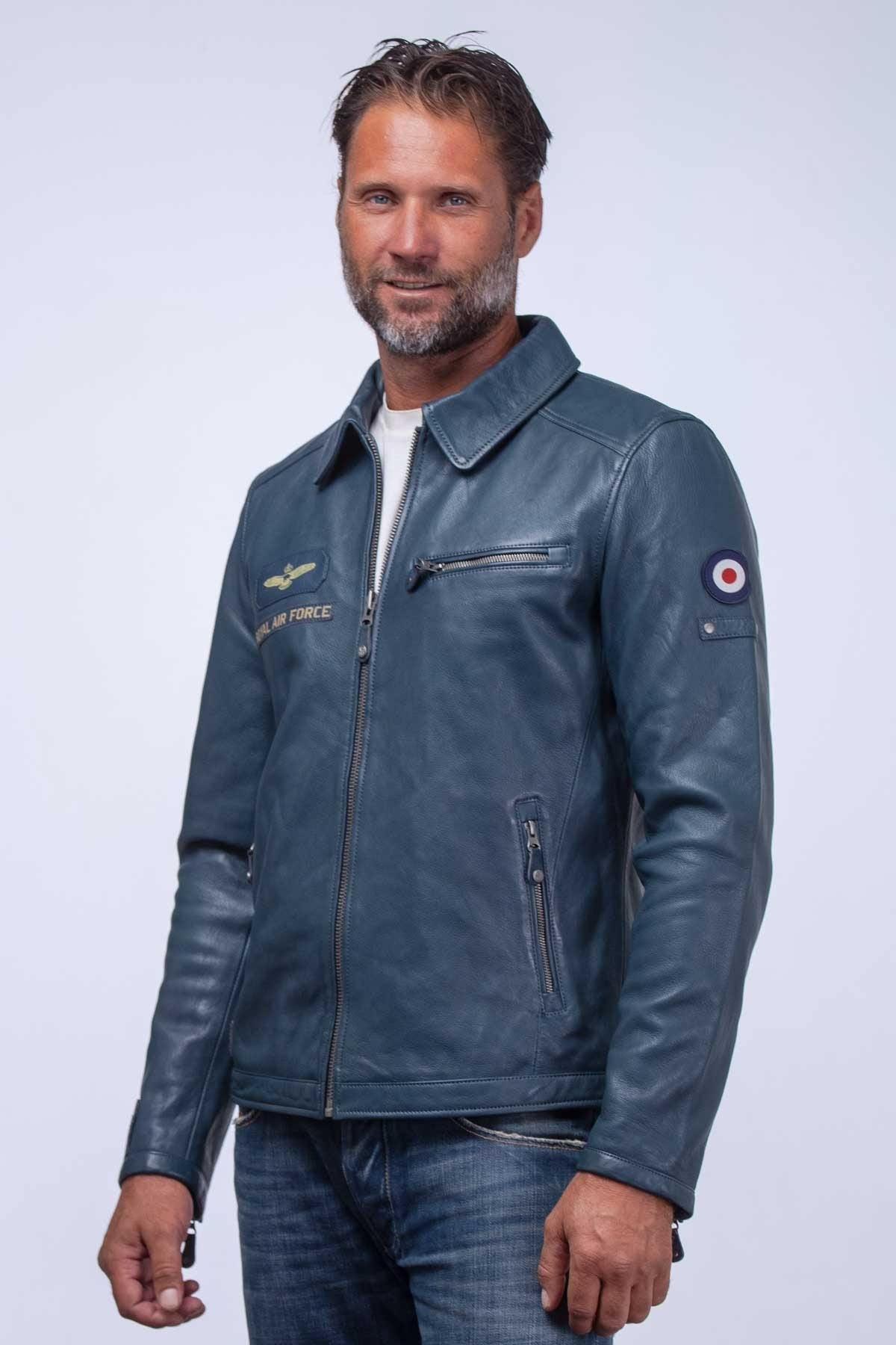 Navy blue leather jacket with shirt collar - Image n°2