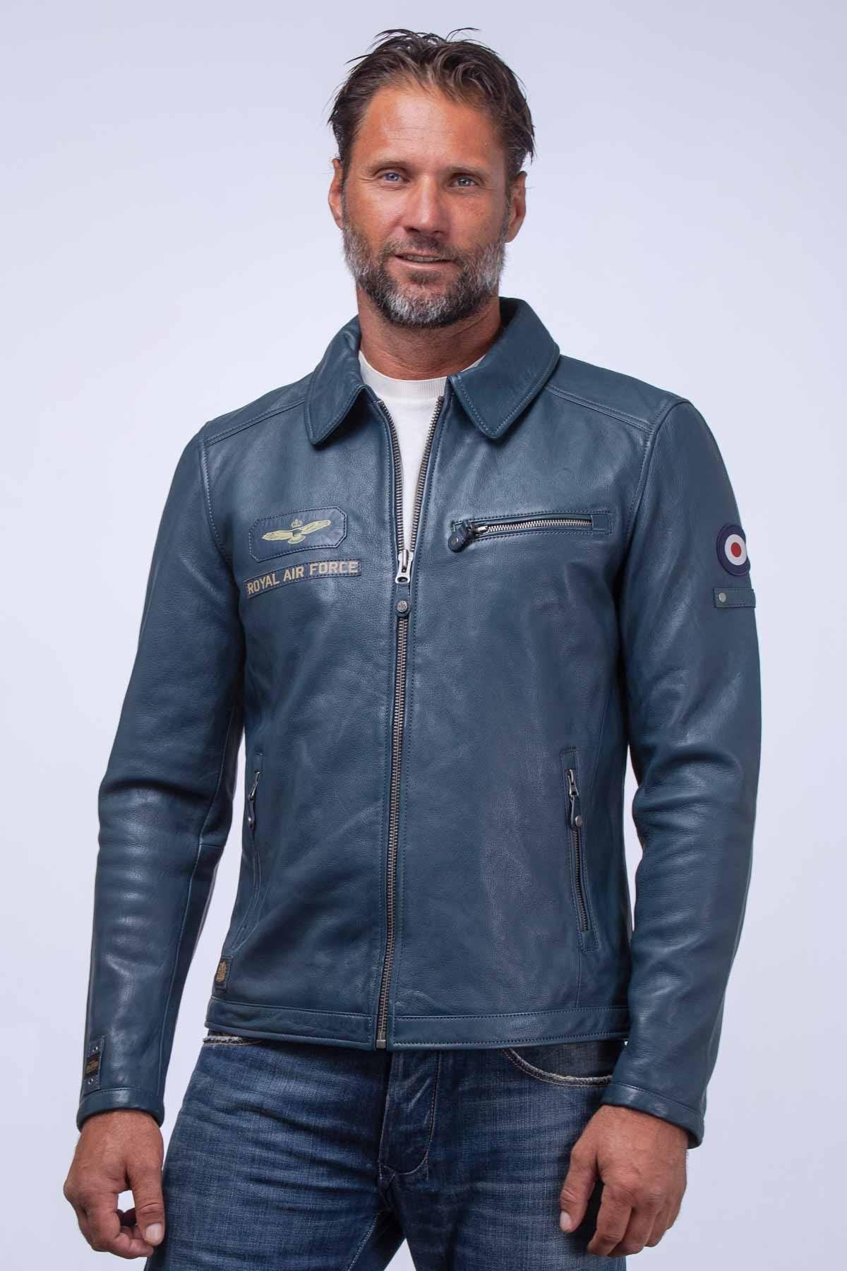 Navy blue leather jacket with shirt collar - Image n°4