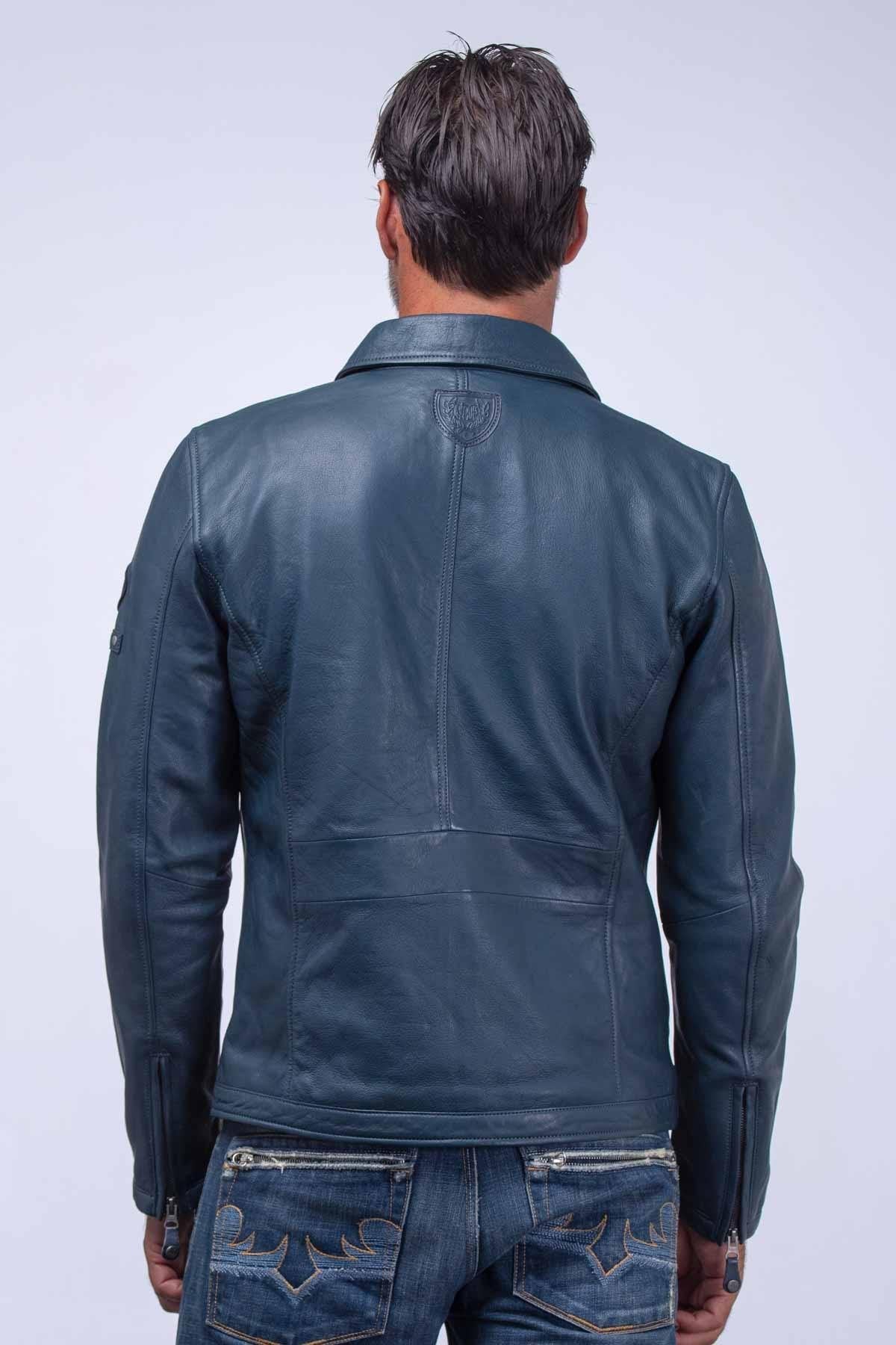 Navy blue leather jacket with shirt collar - Image n°3