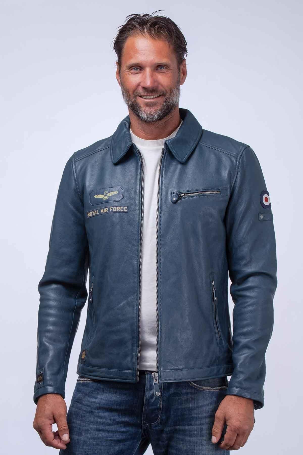 Navy blue leather jacket with shirt collar - Image n°1