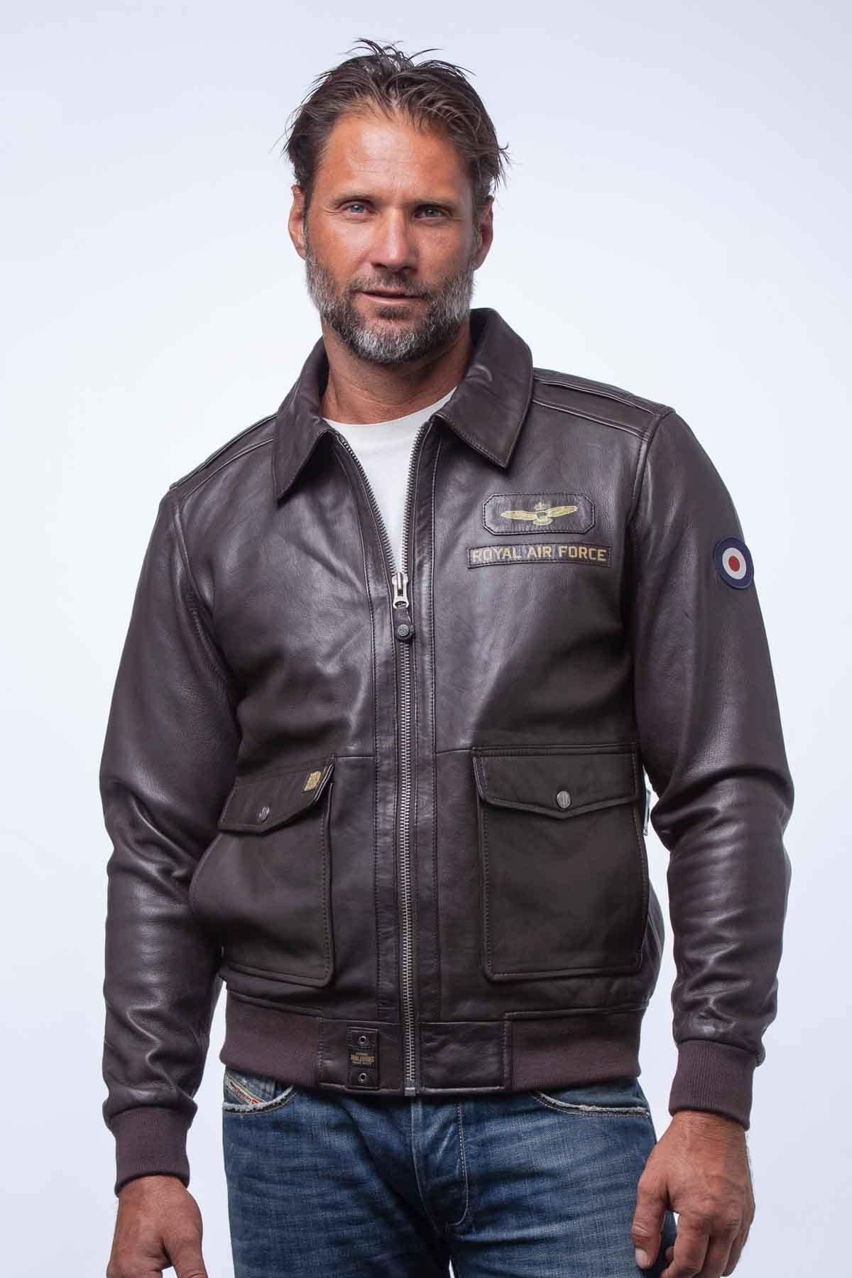 Dark brown leather bomber jacket with shirt collar - Image n°2