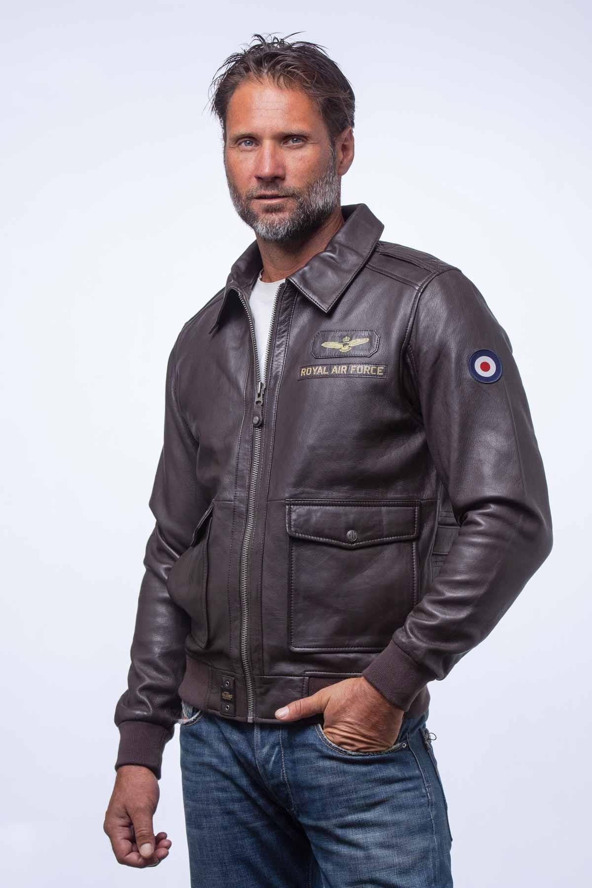 Dark brown leather bomber jacket with shirt collar - Image n°1