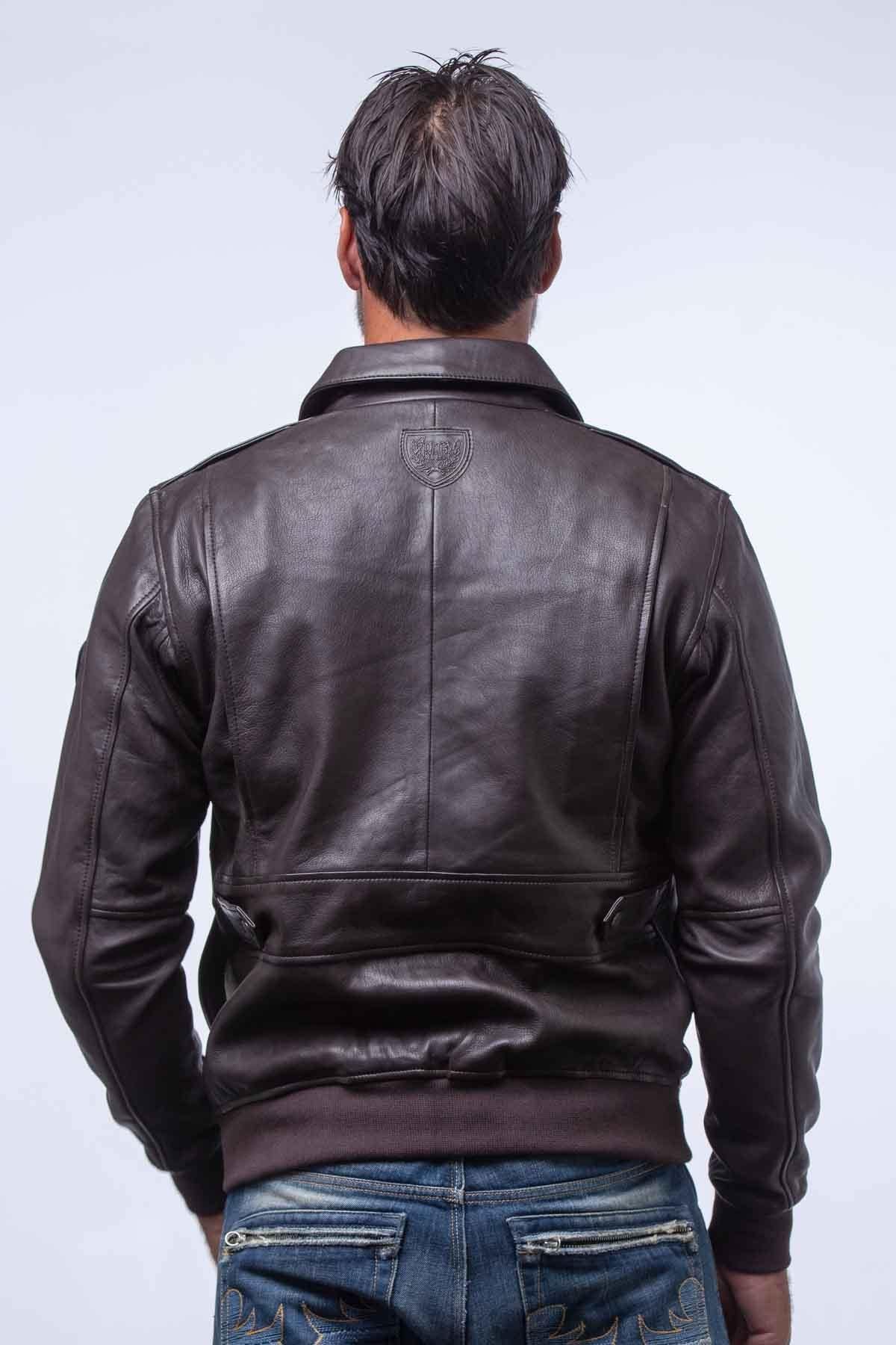 Dark brown leather bomber jacket with shirt collar - Image n°3