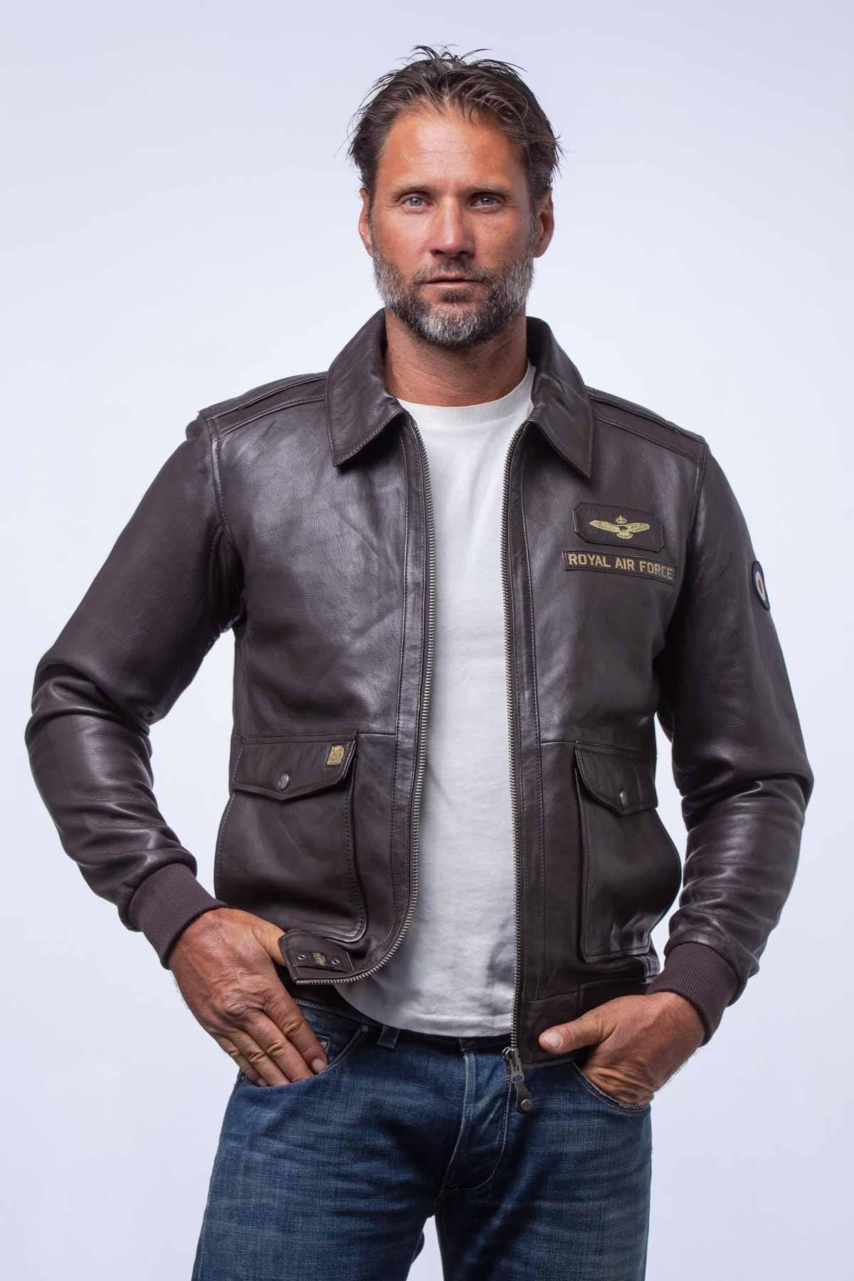 Dark brown leather bomber jacket with shirt collar - Image n°4