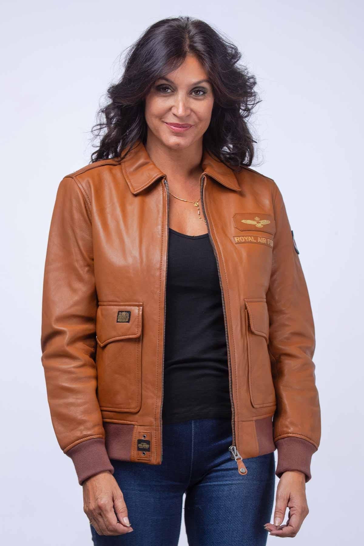 Camel leather bomber jacket with shirt collar - Image n°1