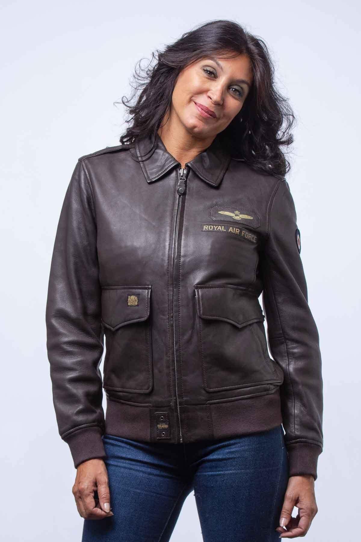 Dark brown leather bomber jacket with shirt collar - Image n°1