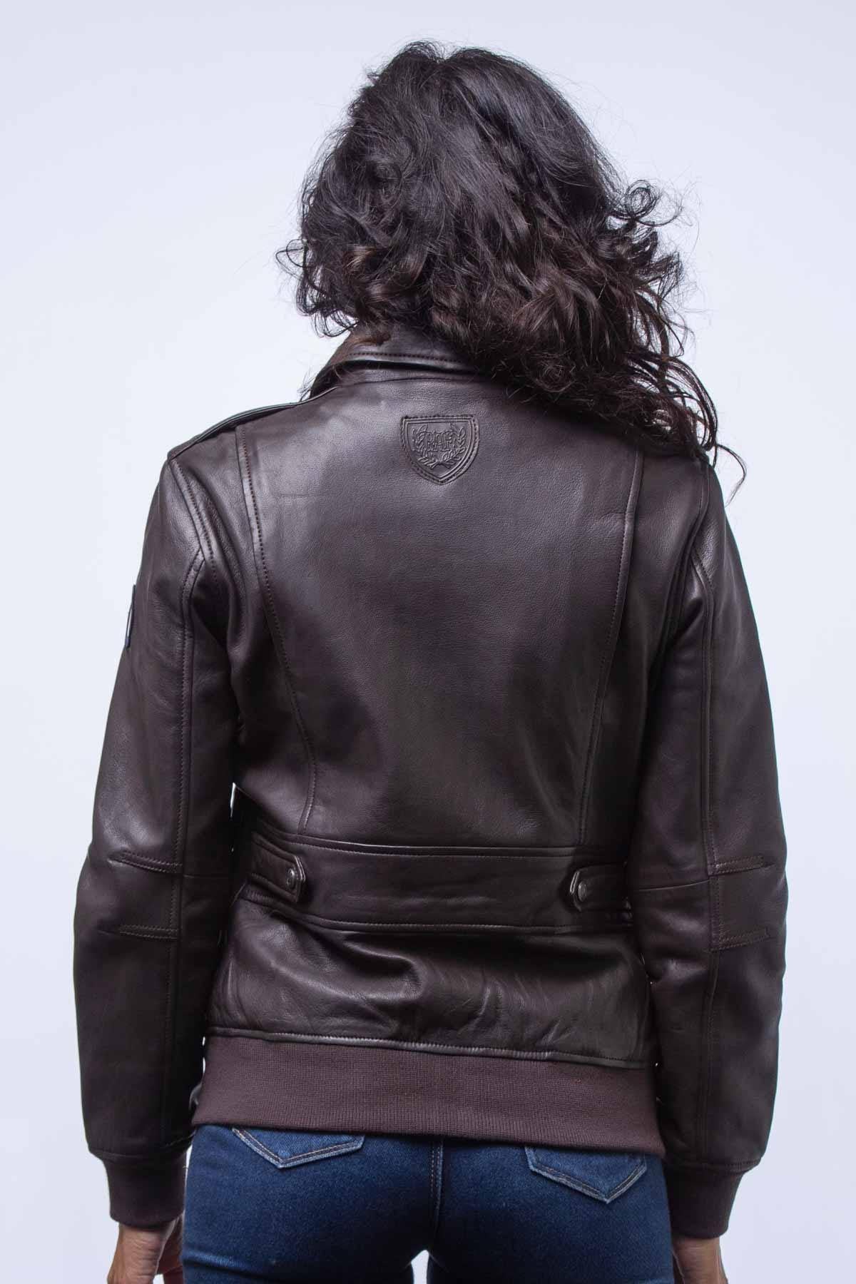 Dark brown leather bomber jacket with shirt collar - Image n°4