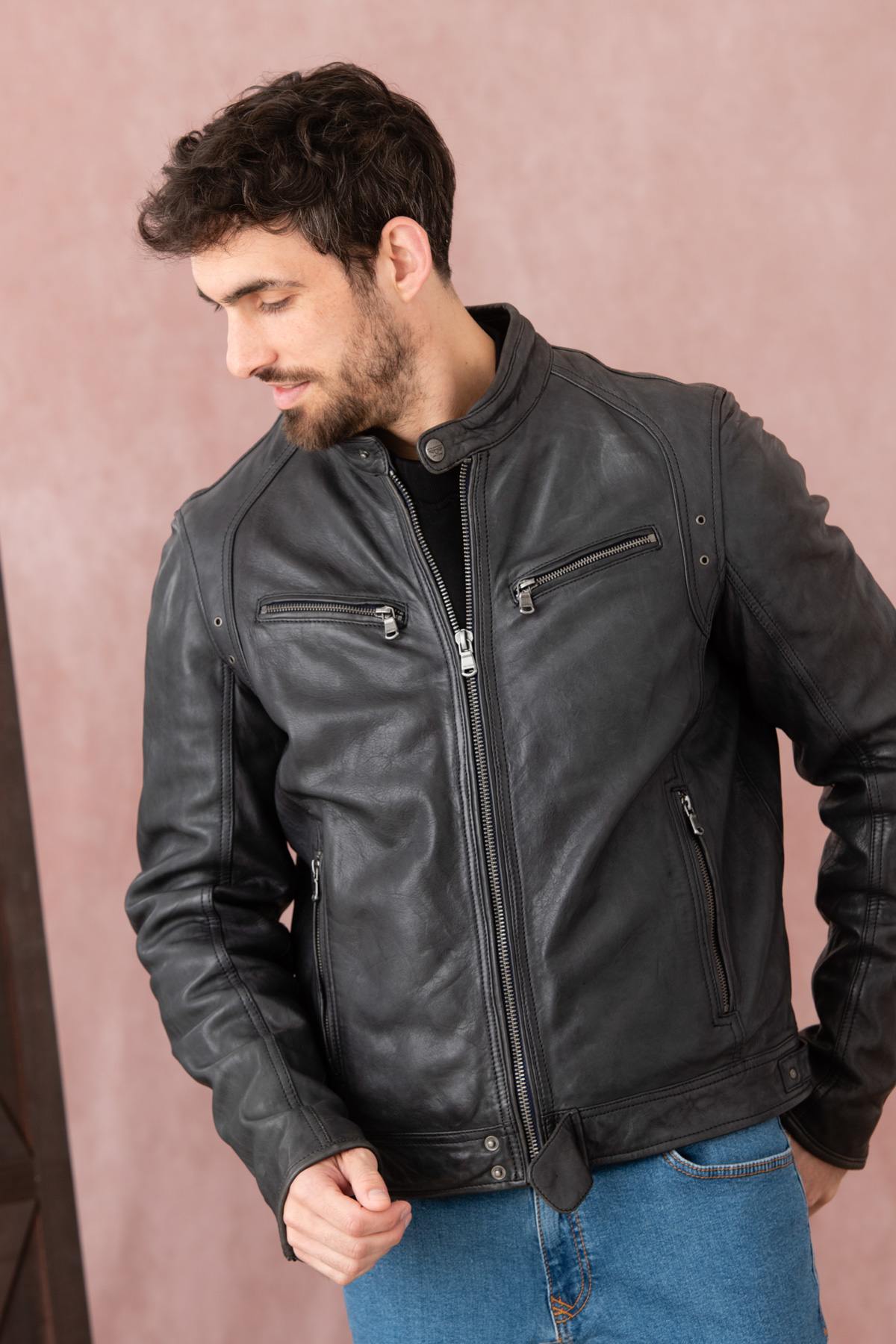 Dark blue lambskin leather jacket - Image n°5