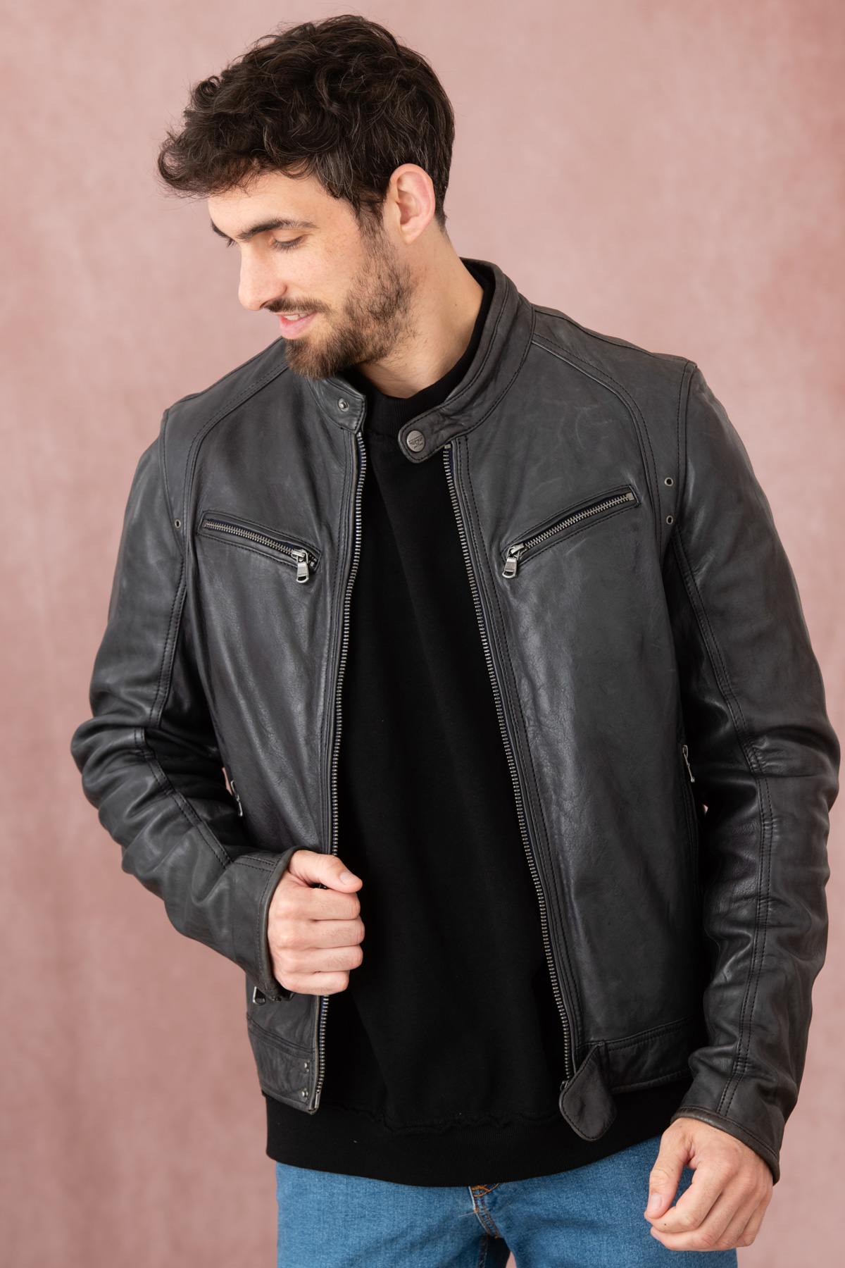 Dark blue lambskin leather jacket - Image n°1