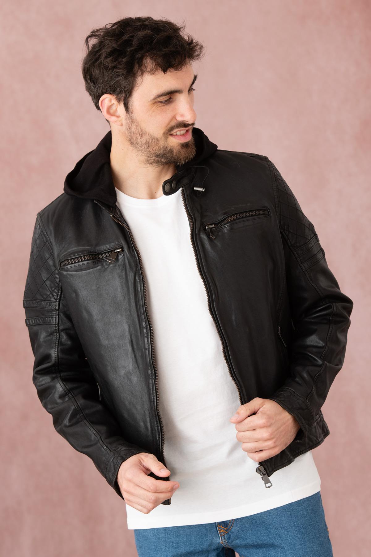 Black leather hooded jacket - Image n°5