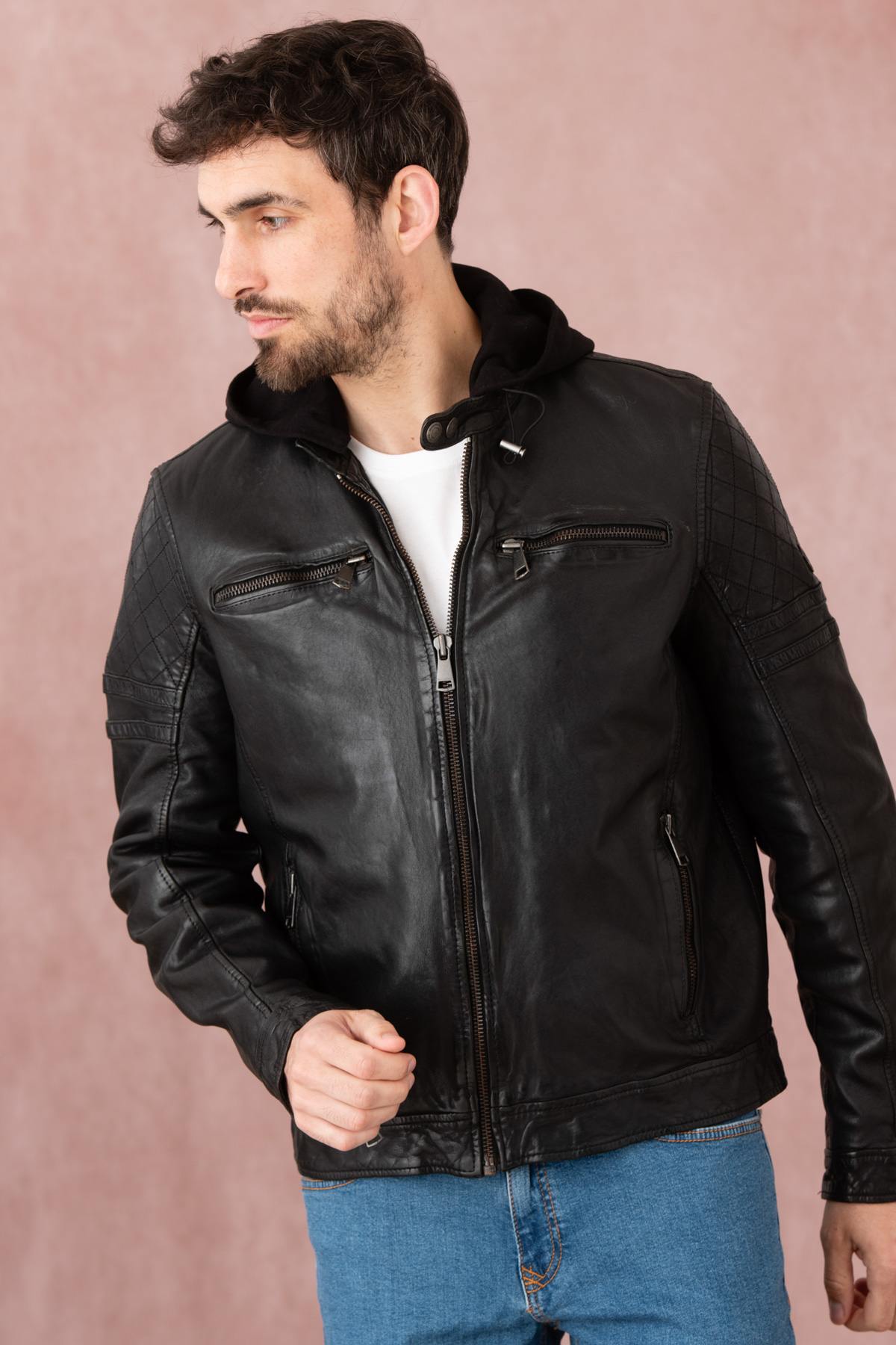 Black leather hooded jacket - Image n°1