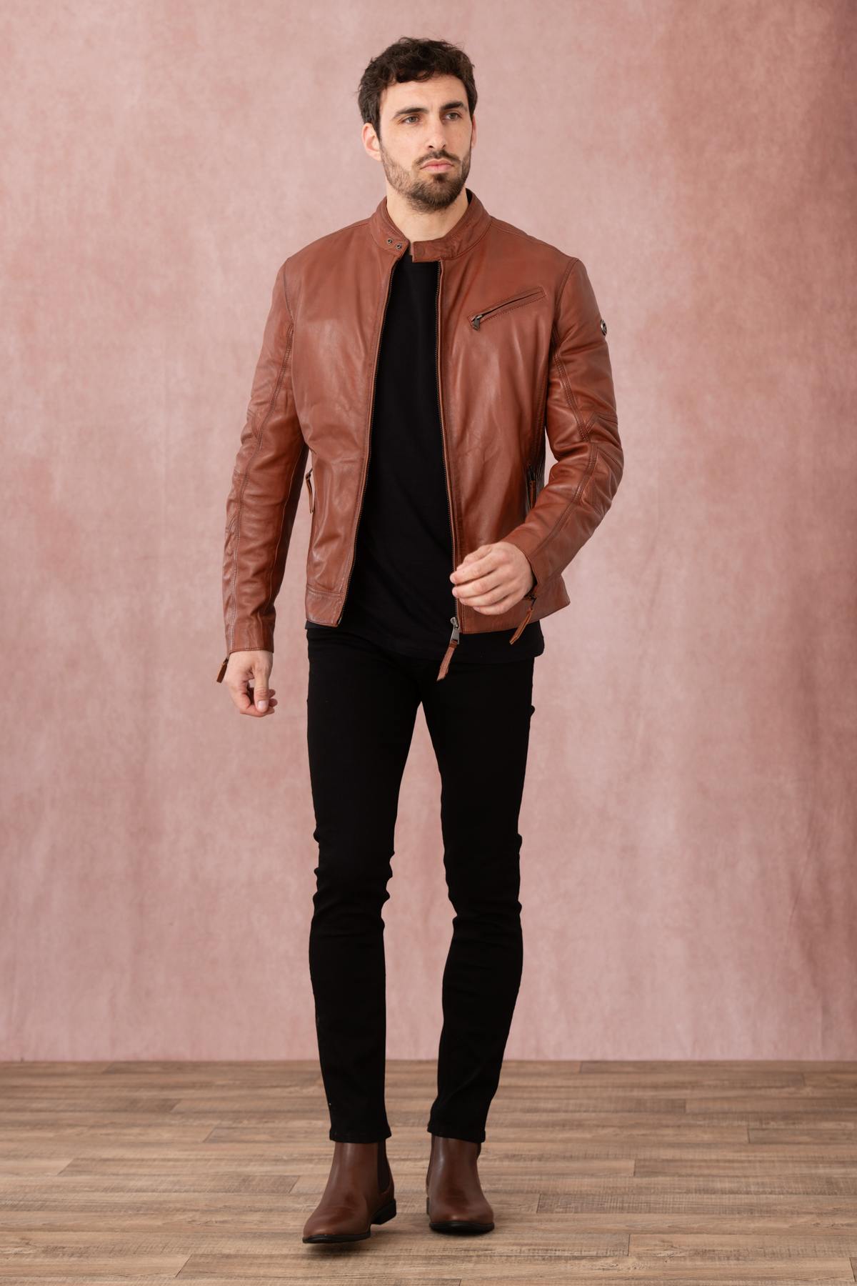 Cognac-colored leather jacket with biker collar - Image n°2