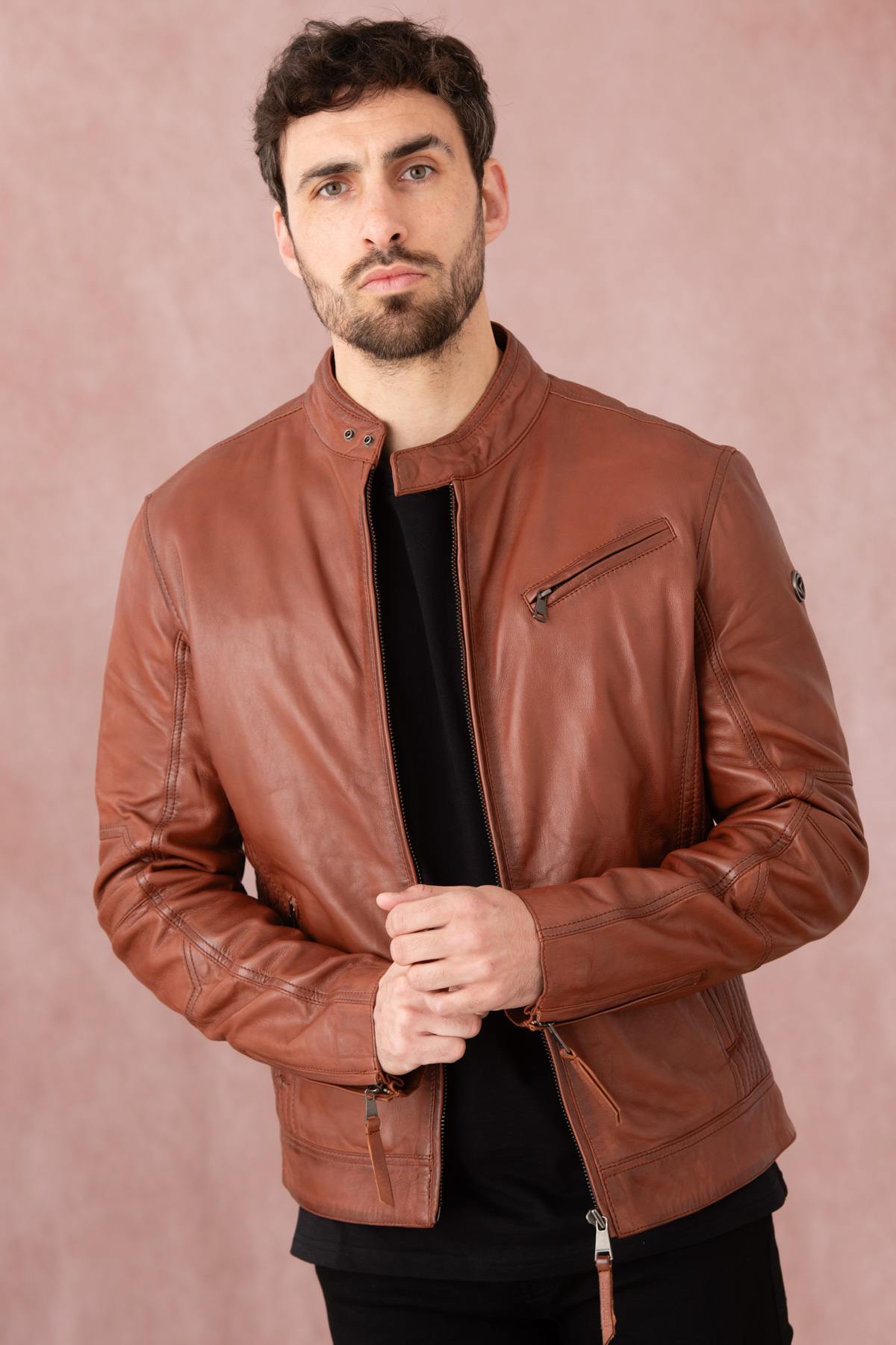 Cognac-colored leather jacket with biker collar - Image n°1