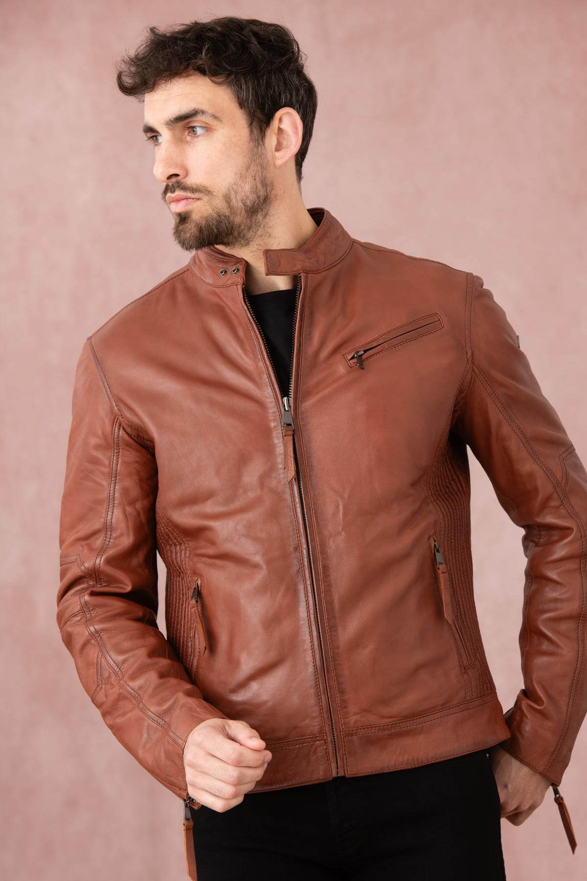 Cognac-colored leather jacket with biker collar - Image n°4