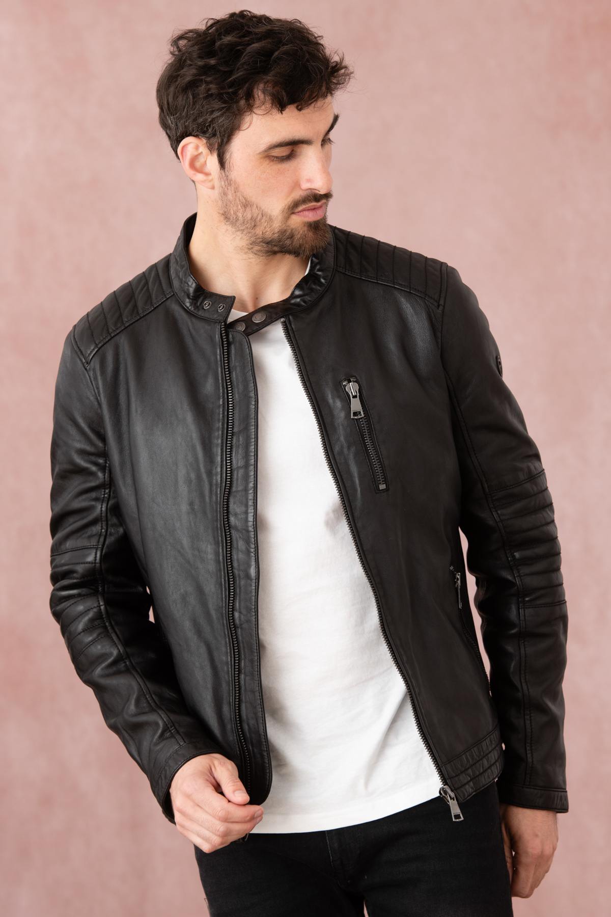 Black leather jacket with biker collar - Image n°1