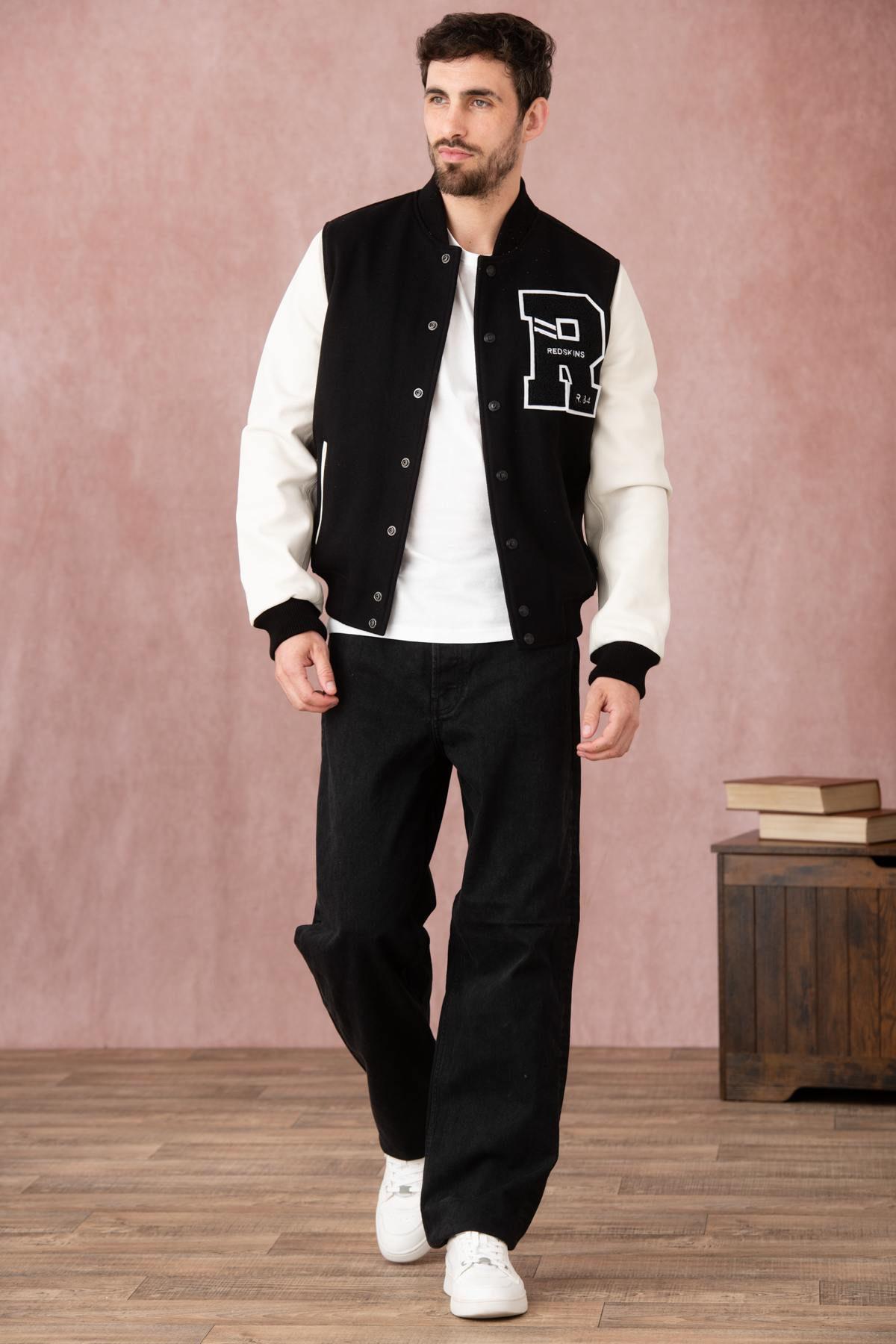 Black and white bi-material varsity teddy - Image n°5