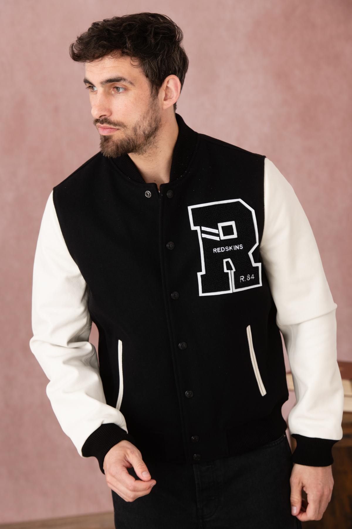 Black and white bi-material varsity teddy - Image n°2